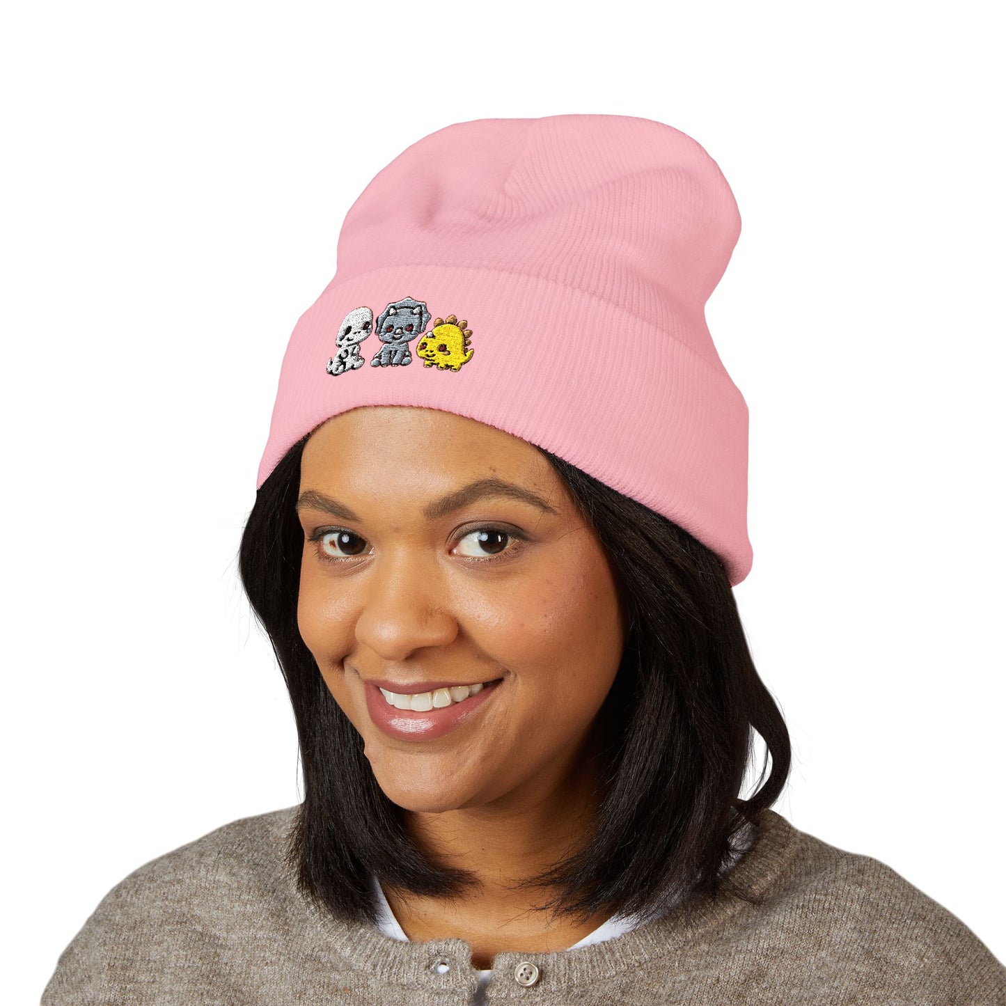 Embroidered Cute Character Cuffed Beanie — Trio Skull, Robot & Chick Winter Hat