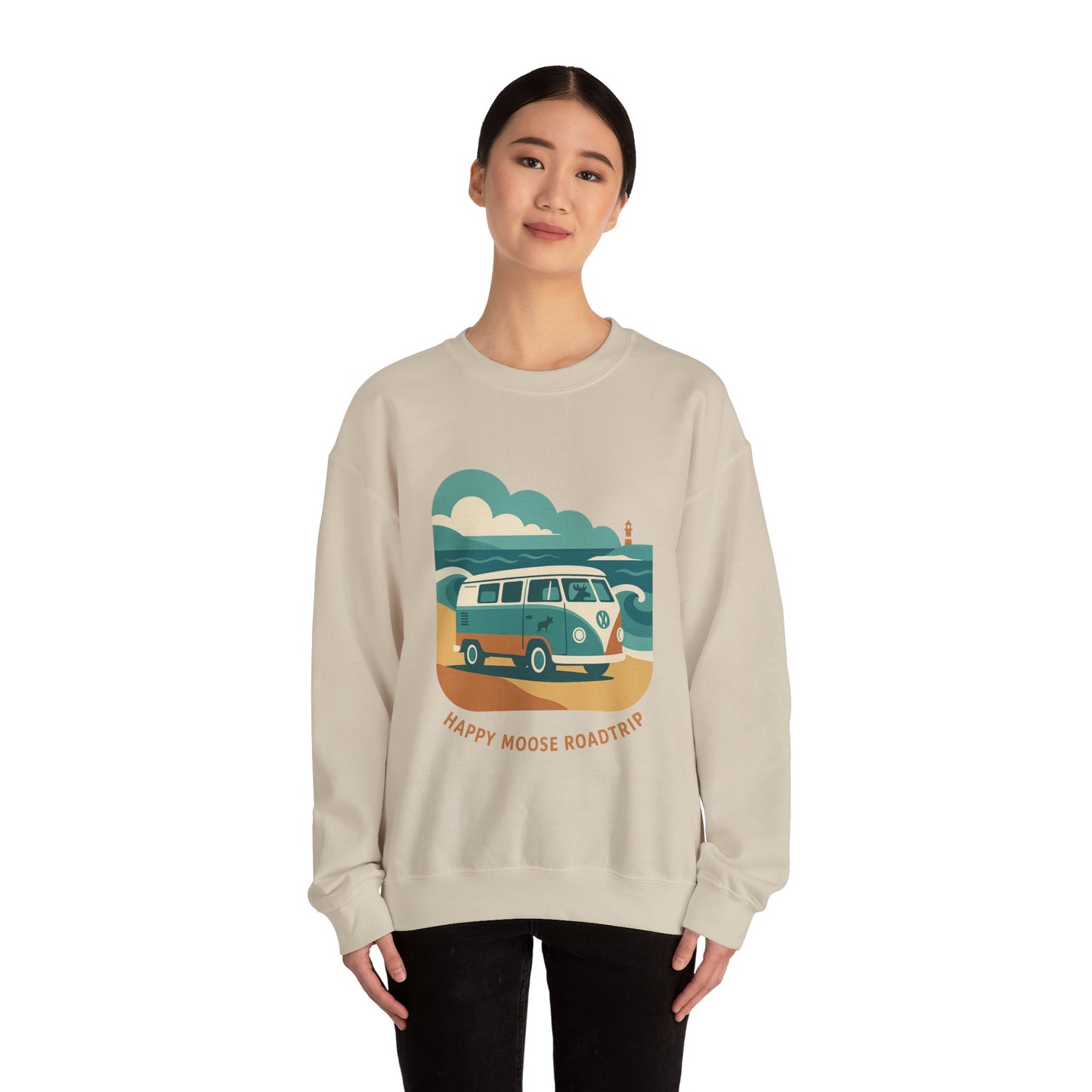 Road Trip Crewneck Sweatshirt — "Happy Moose Roadtrip" Vintage Van Graphic