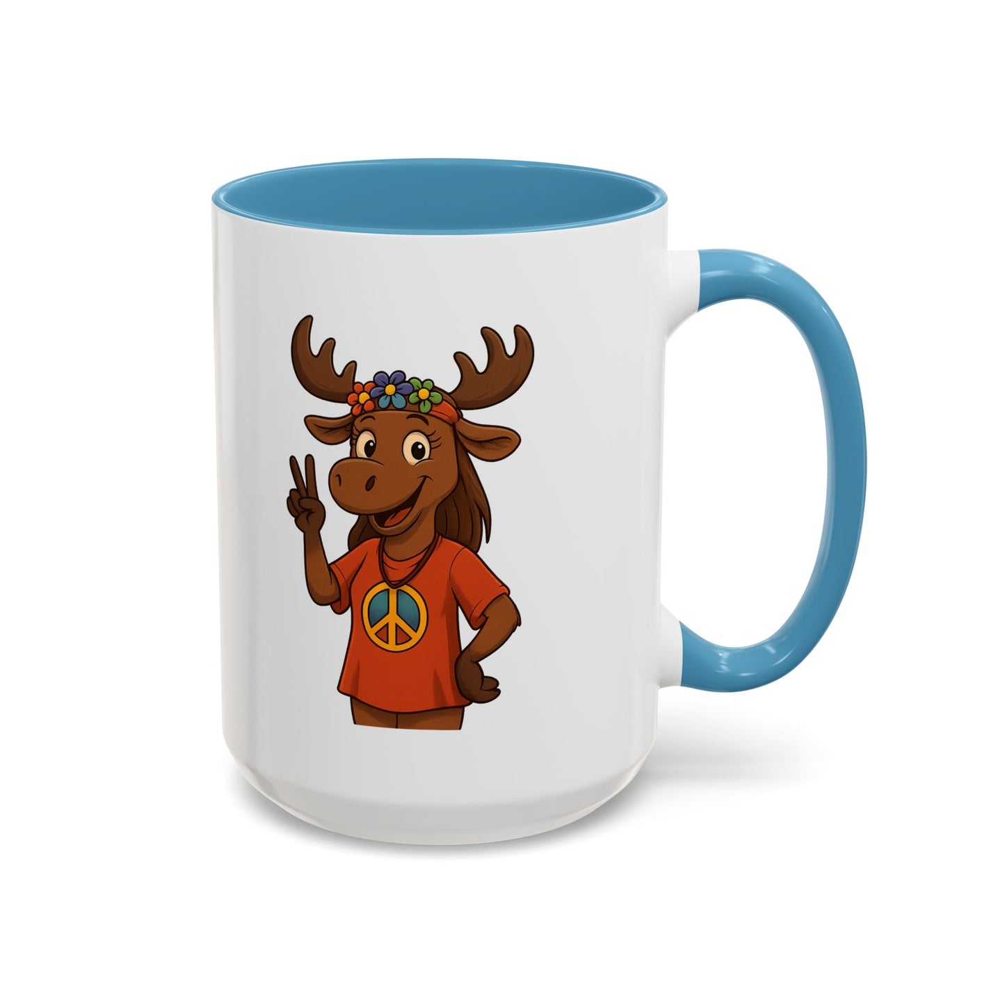 Peace Sign Moose Accent Coffee Mug — Hippie Moose with Flower Crown (11/15oz)