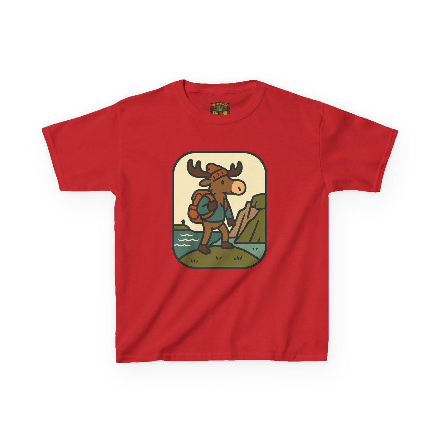 Kids Hiking Moose T‑Shirt — Cute Adventure Backpacker Tee for Boys & Girls