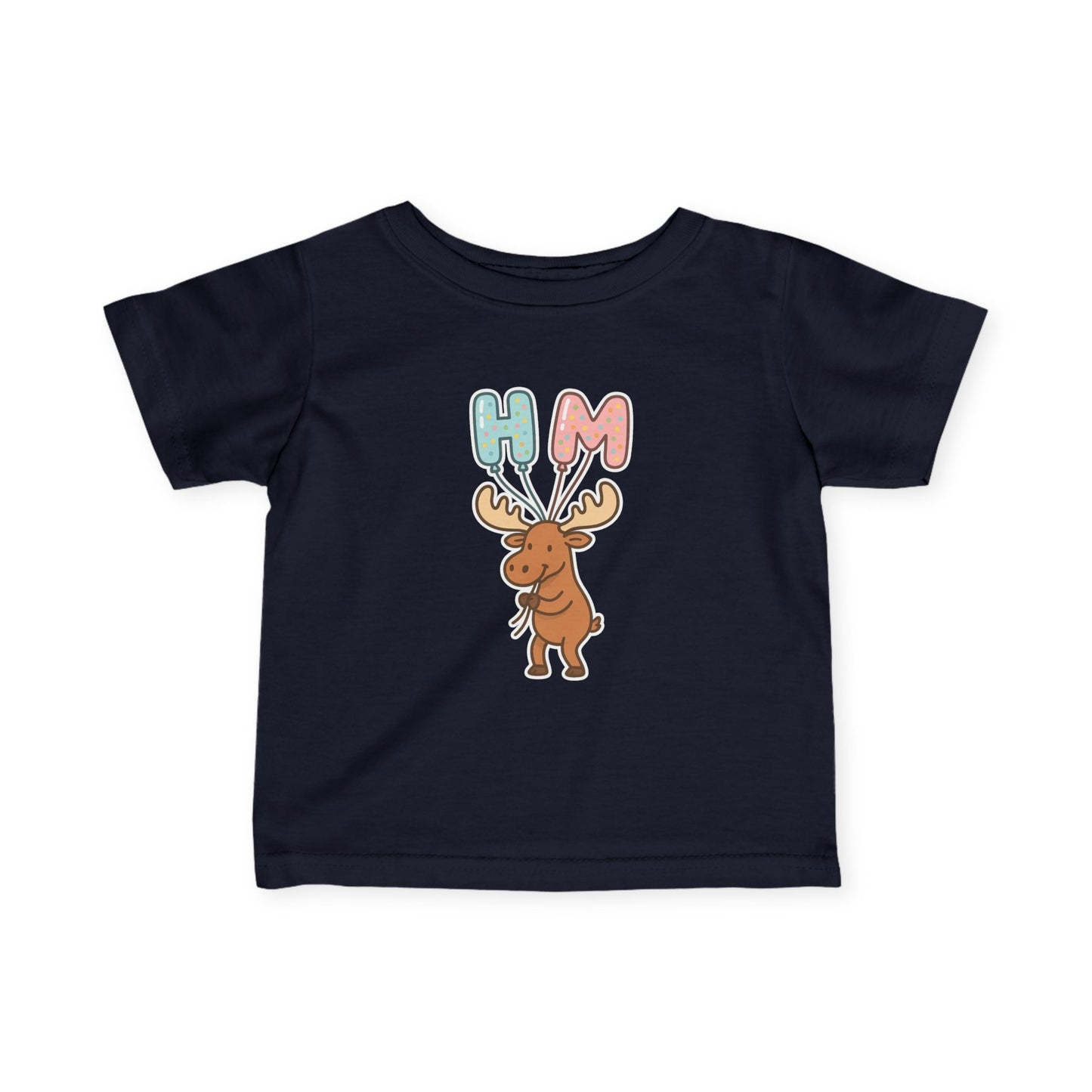 Baby Tee — Cute Moose Holding 'HM' Heart Balloons | Infant Graphic Shirt
