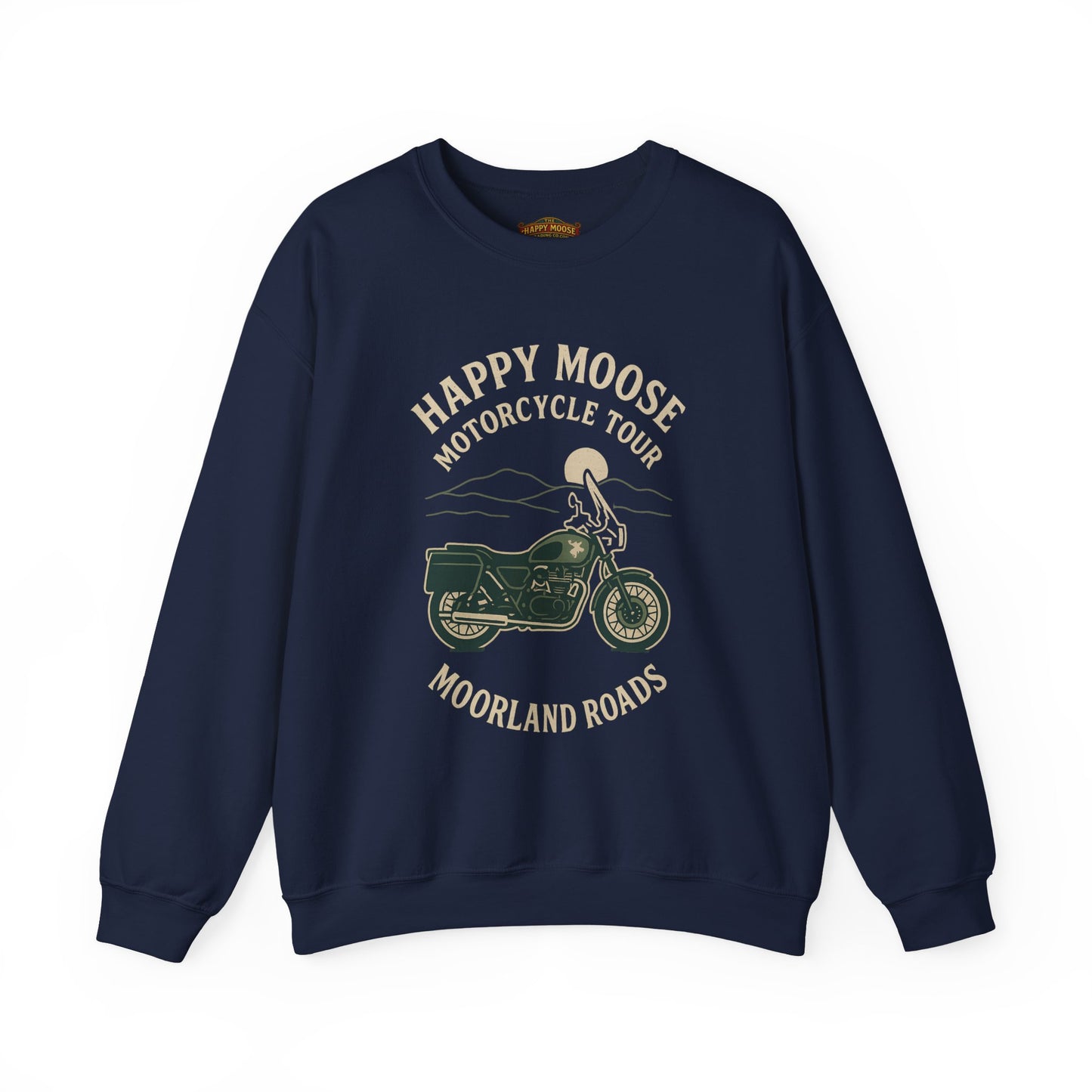 Motorcycle Crewneck Sweatshirt — "Happy Moose Motorcycle Tour" Vintage Bike Graphic