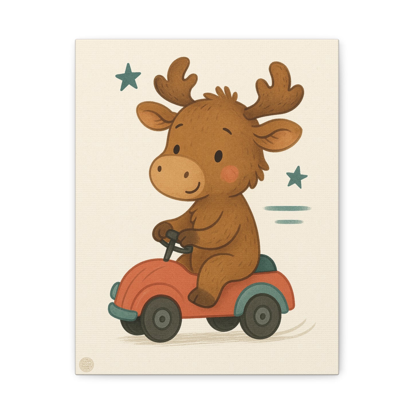 Cute Moose on Toy Car Canvas Print — Nursery Wall Art