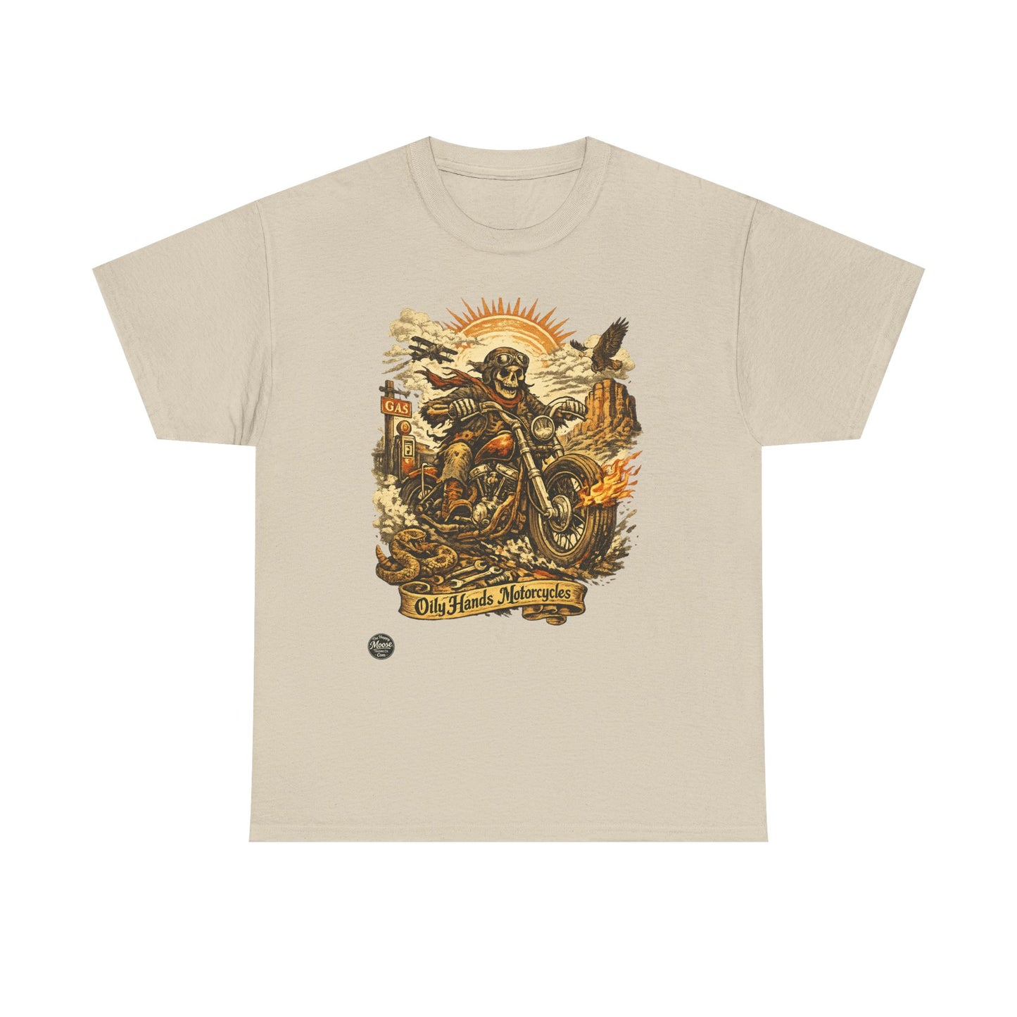 Oily Hands Motorcycle Skull Tee — Old Friends Vintage Biker T-Shirt #015 E