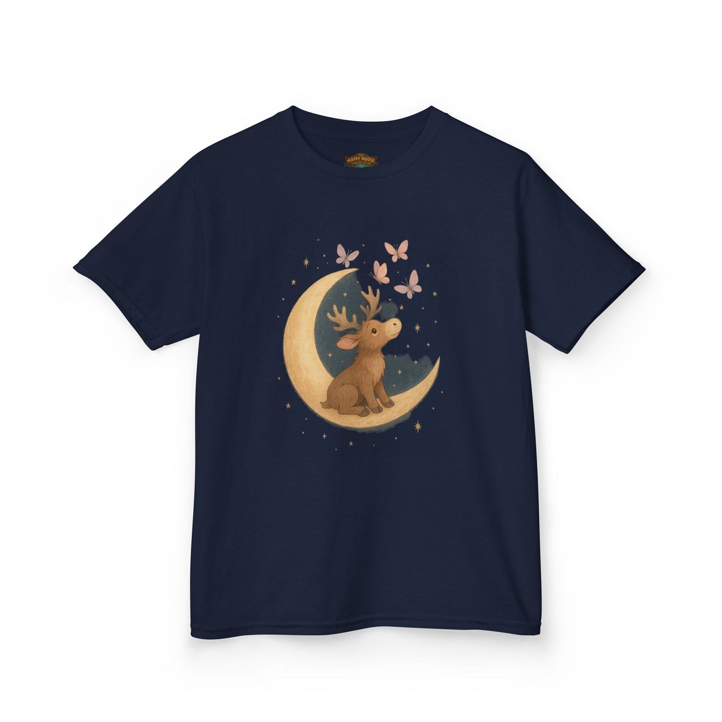 Kids Tee — Cute Puppy on Moon with Butterflies Graphic
