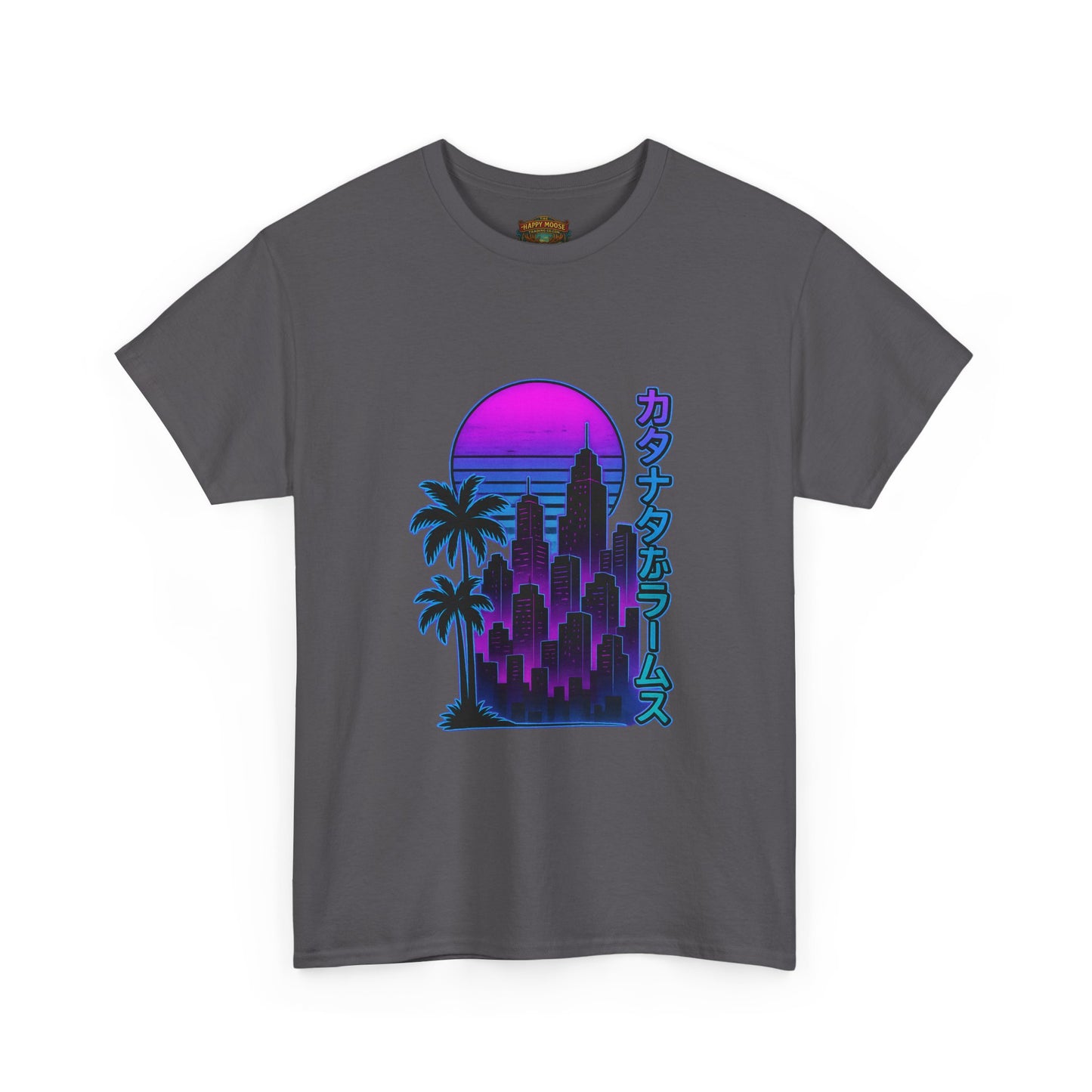 Retro Vaporwave Tee — Neon Sunset City with Palm Trees & Japanese Text