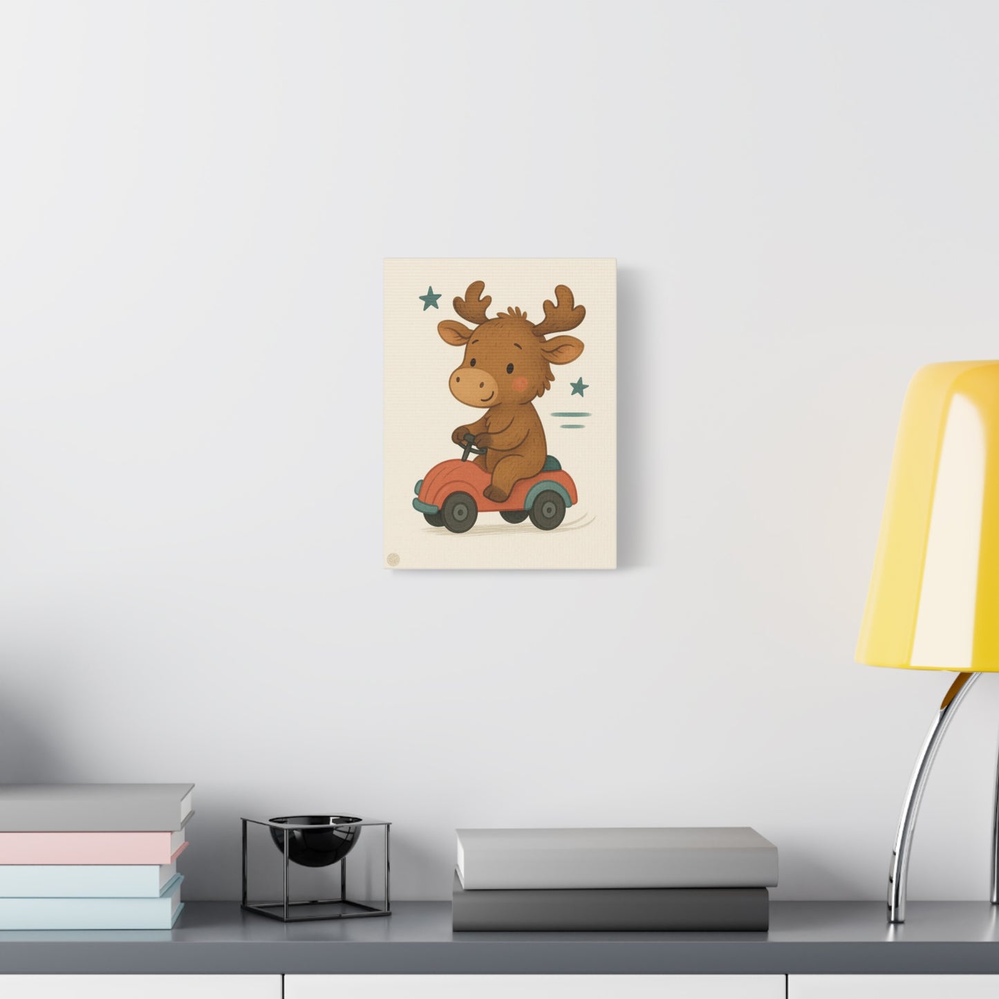 Cute Moose on Toy Car Canvas Print — Nursery Wall Art