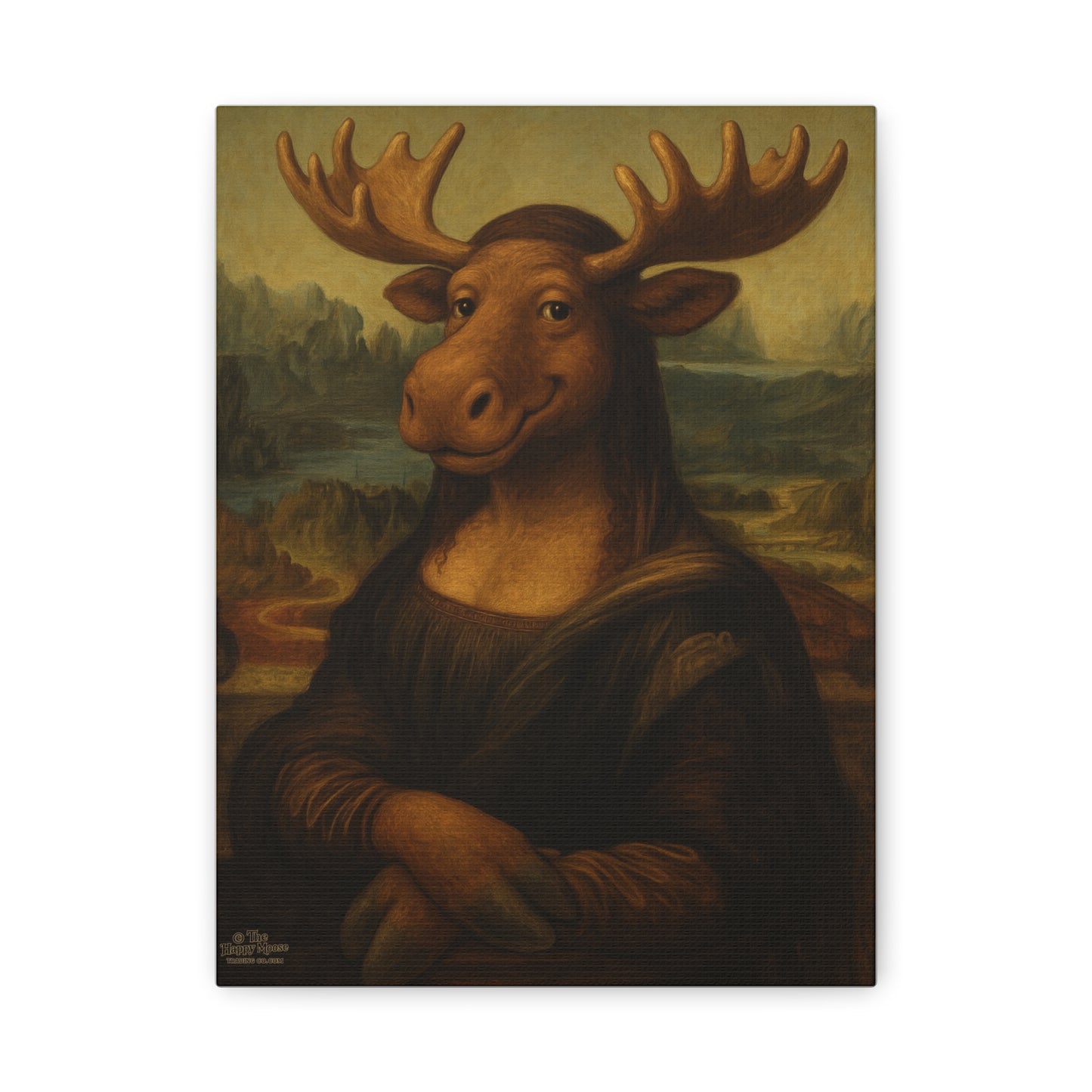 Moose Mona Lisa Canvas Print — Whimsical Animal Portrait Wall Art