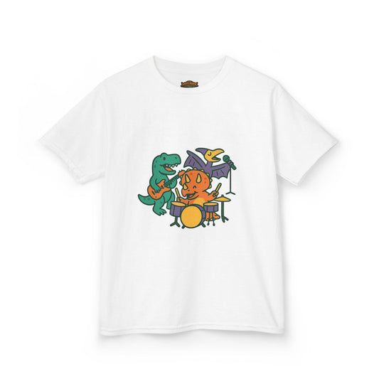 Kids Dino Band T‑Shirt — Cute Cartoon Dinosaur Drummer Tee for Boys & Girls