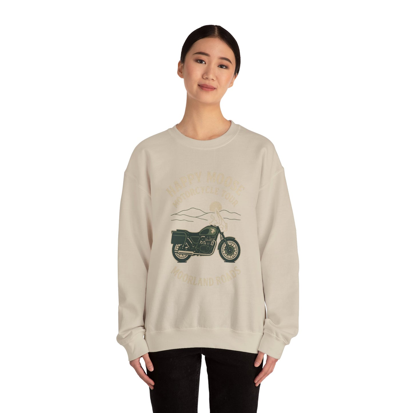 Motorcycle Crewneck Sweatshirt — "Happy Moose Motorcycle Tour" Vintage Bike Graphic