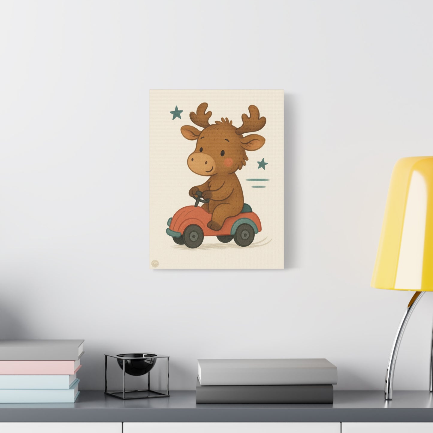 Cute Moose on Toy Car Canvas Print — Nursery Wall Art