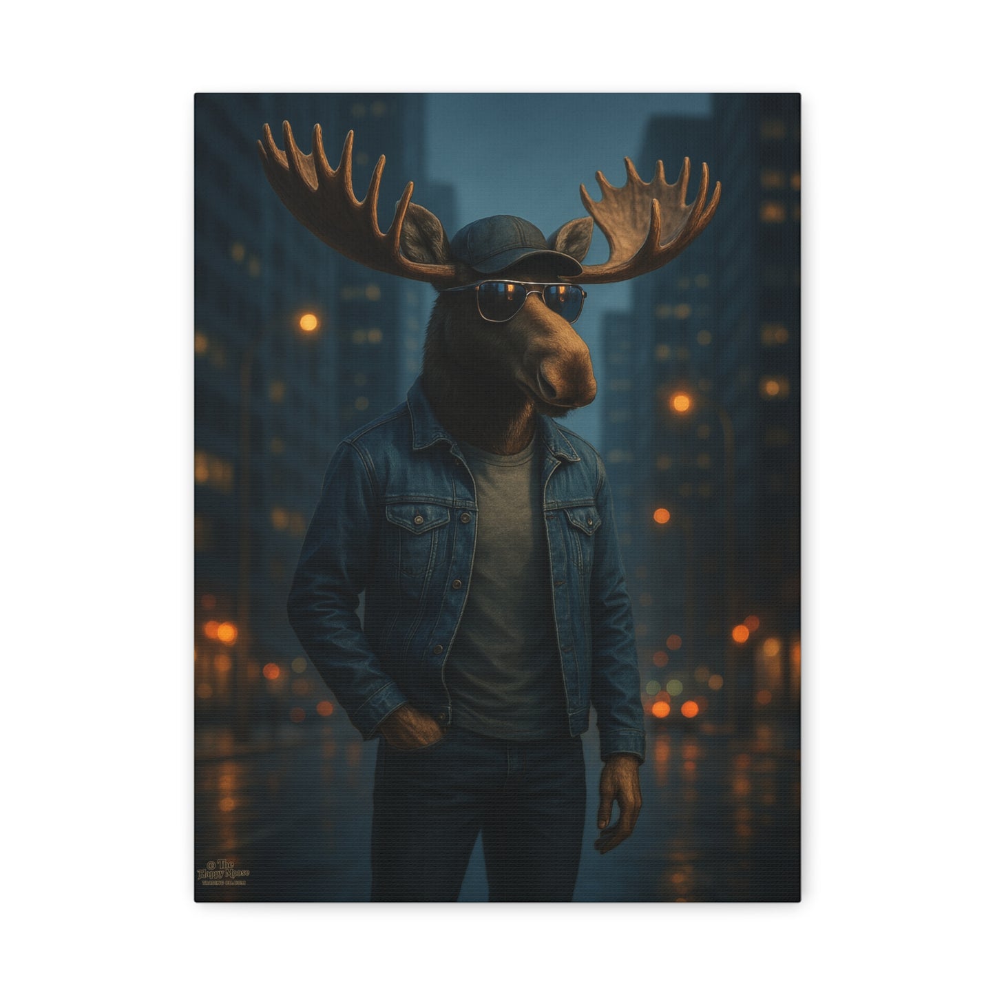 Urban Moose Canvas Print — Cool Moose in Denim Wall Art (Matte Stretched)
