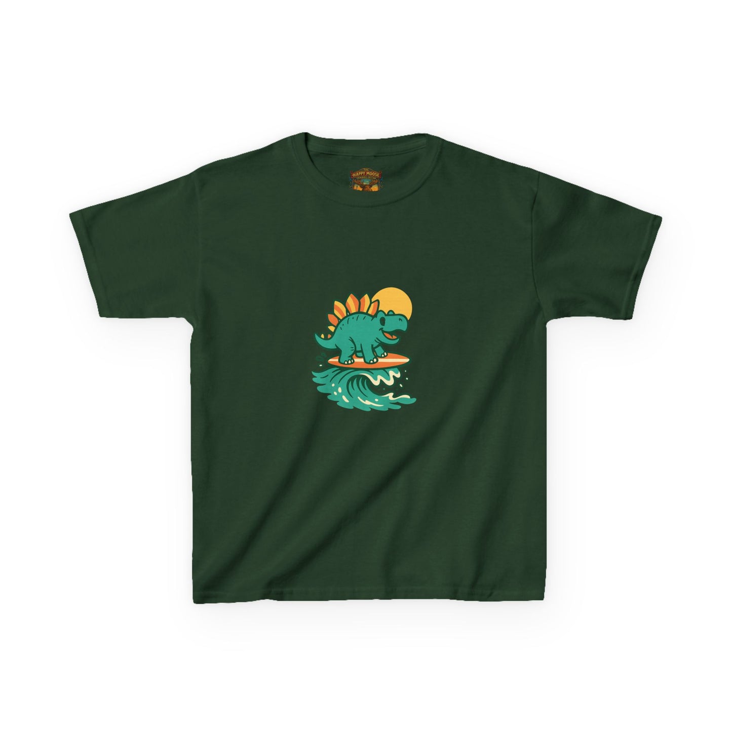 Kids Surfing Dinosaur T-Shirt — Cute Stegosaurus on Wave Graphic Tee