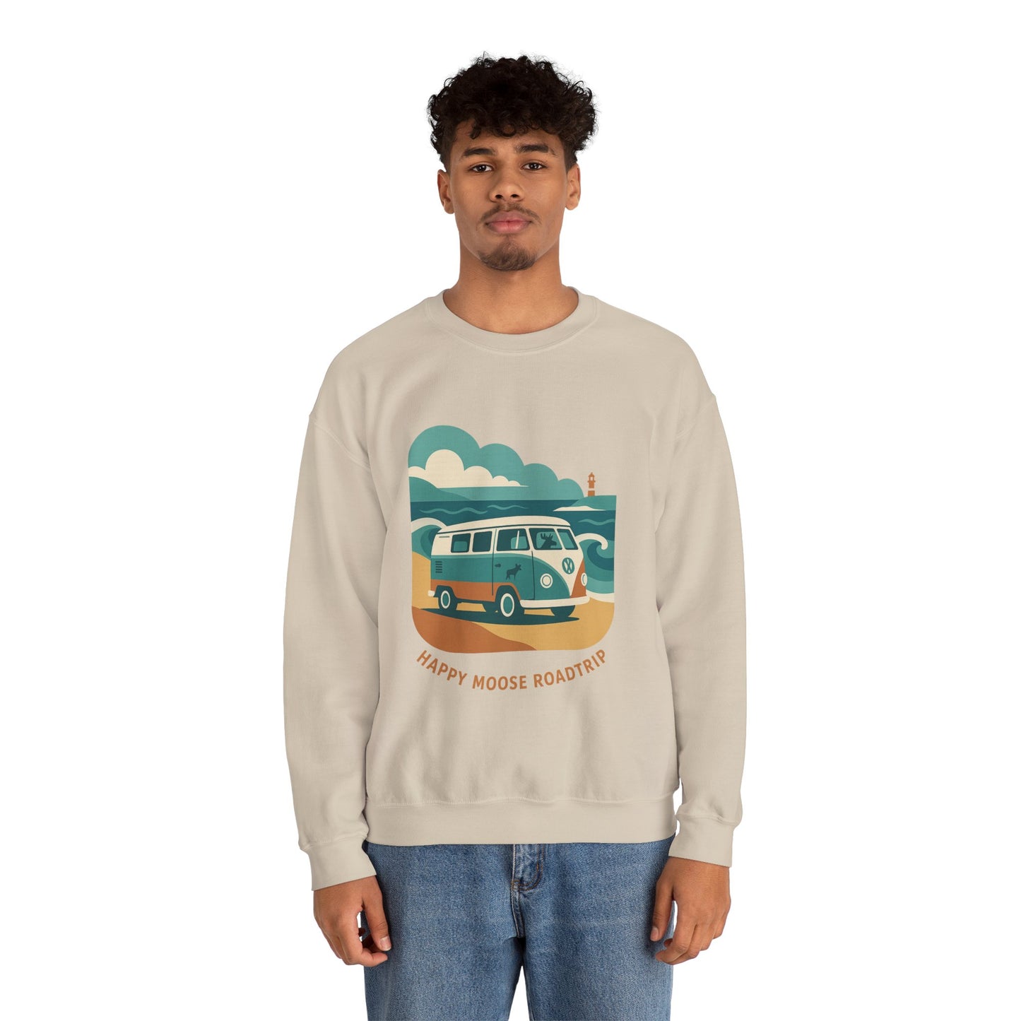 Road Trip Crewneck Sweatshirt — "Happy Moose Roadtrip" Vintage Van Graphic