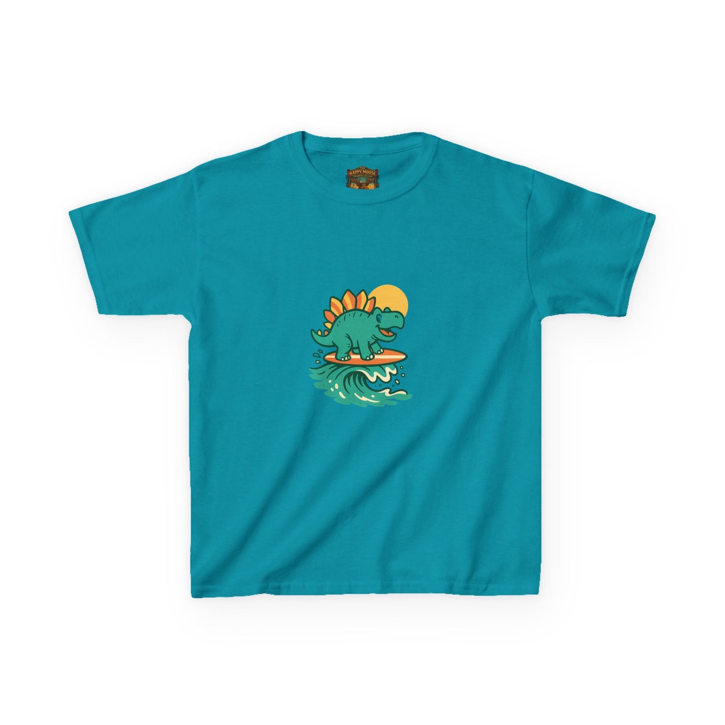 Kids Surfing Dinosaur T-Shirt — Cute Stegosaurus on Wave Graphic Tee