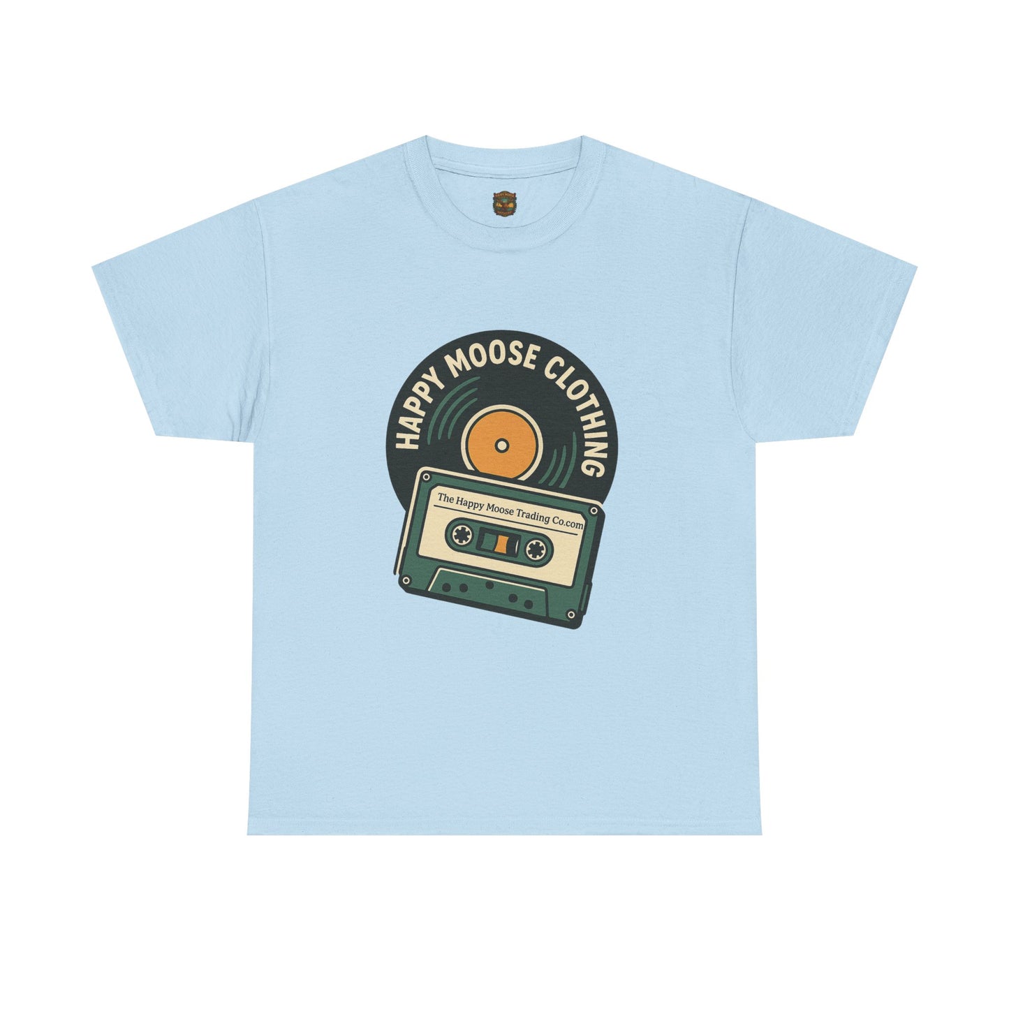 Cassette & Vinyl Retro Tee — “Happy Moose Clothing” Vintage Music Graphic T-Shirt