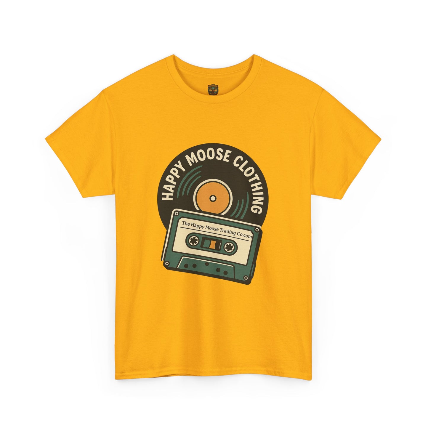 Cassette & Vinyl Retro Tee — “Happy Moose Clothing” Vintage Music Graphic T-Shirt