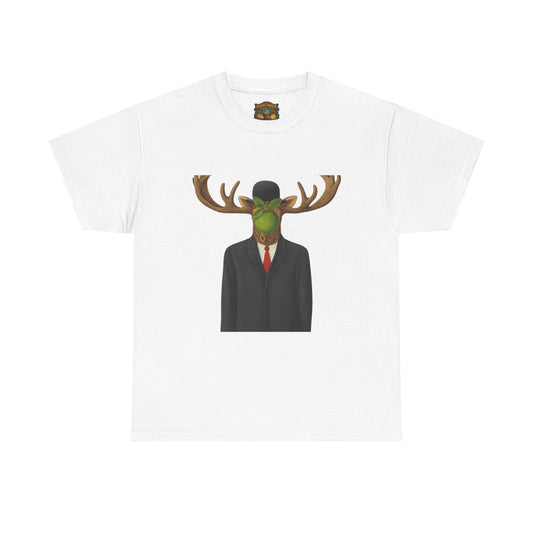 Surreal Moose Head Suit T‑Shirt — 'Man with Antlers' Artistic Graphic Tee
