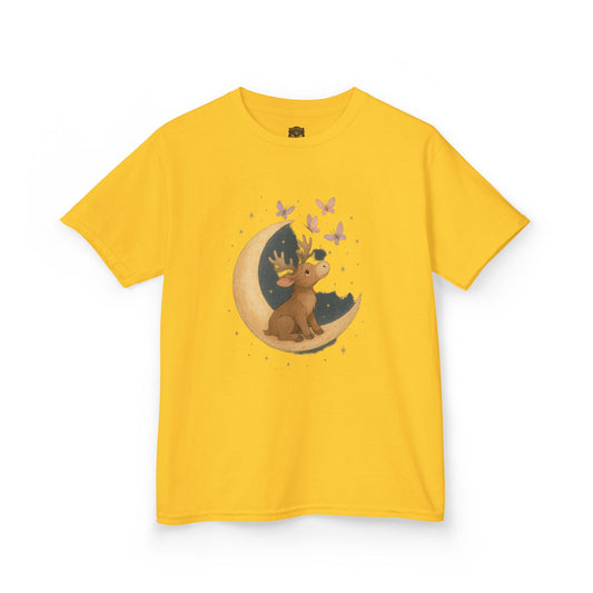 Kids Tee — Cute Puppy on Moon with Butterflies Graphic