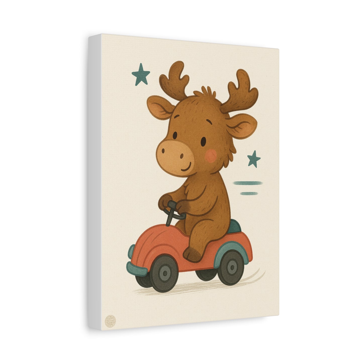 Cute Moose on Toy Car Canvas Print — Nursery Wall Art