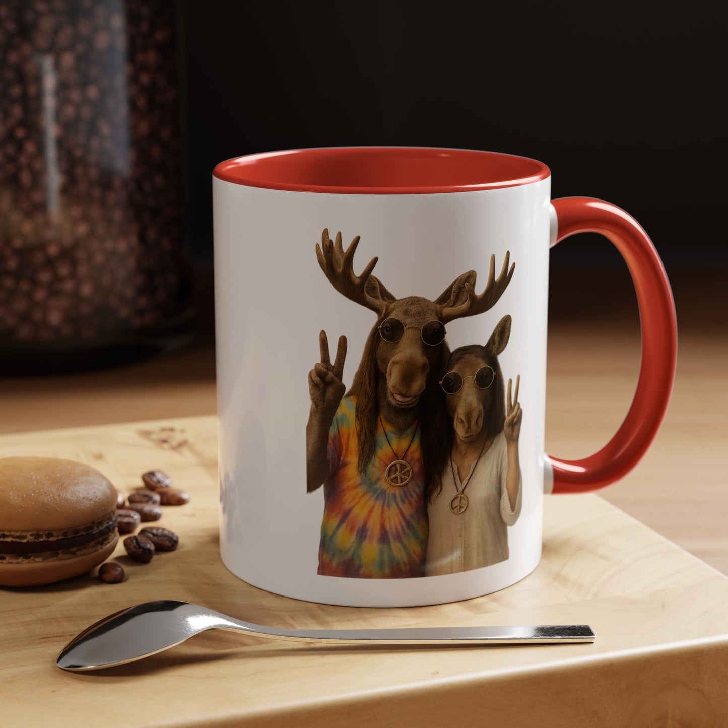 Peaceful Moose Couple Accent Coffee Mug — Hippie Tie-Dye Moose Peace Sign 11/15oz