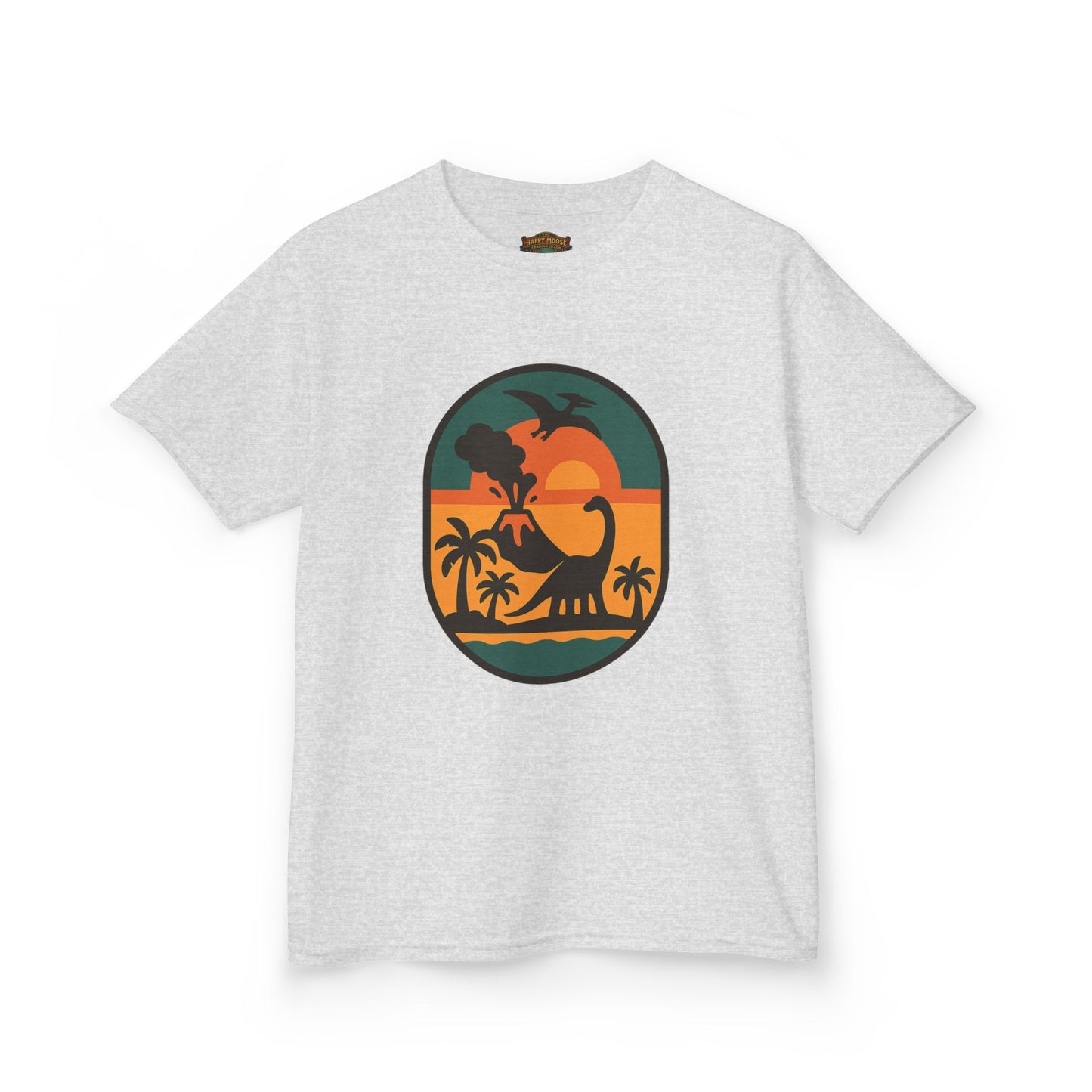 Kids T‑Shirt — Retro Tropical Dinosaur Sunset