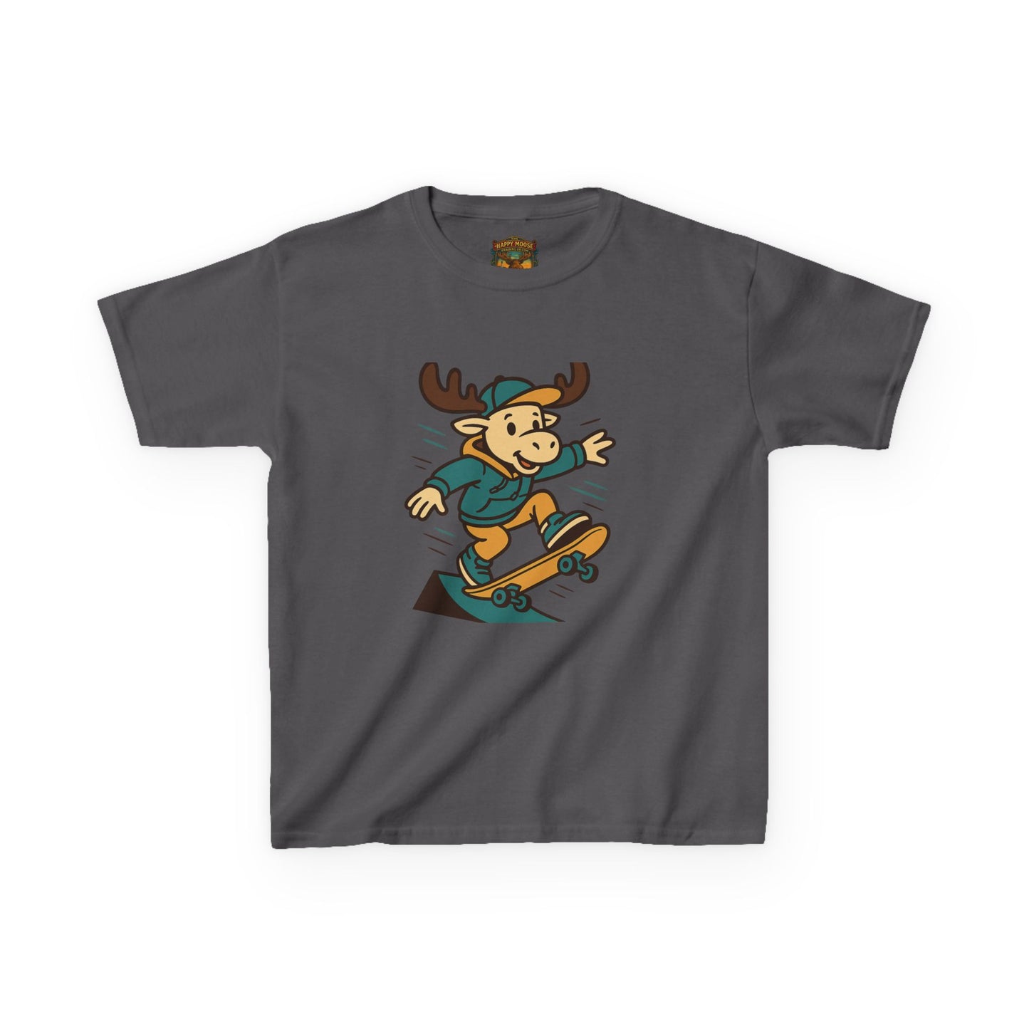 Kids Skateboarding Moose T‑Shirt — Cute Cartoon Skateboard Tee for Boys & Girls