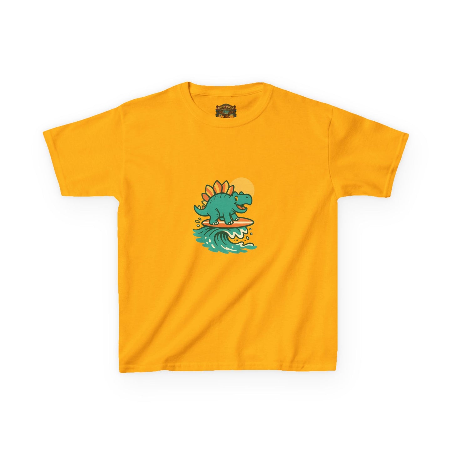 Kids Surfing Dinosaur T-Shirt — Cute Stegosaurus on Wave Graphic Tee