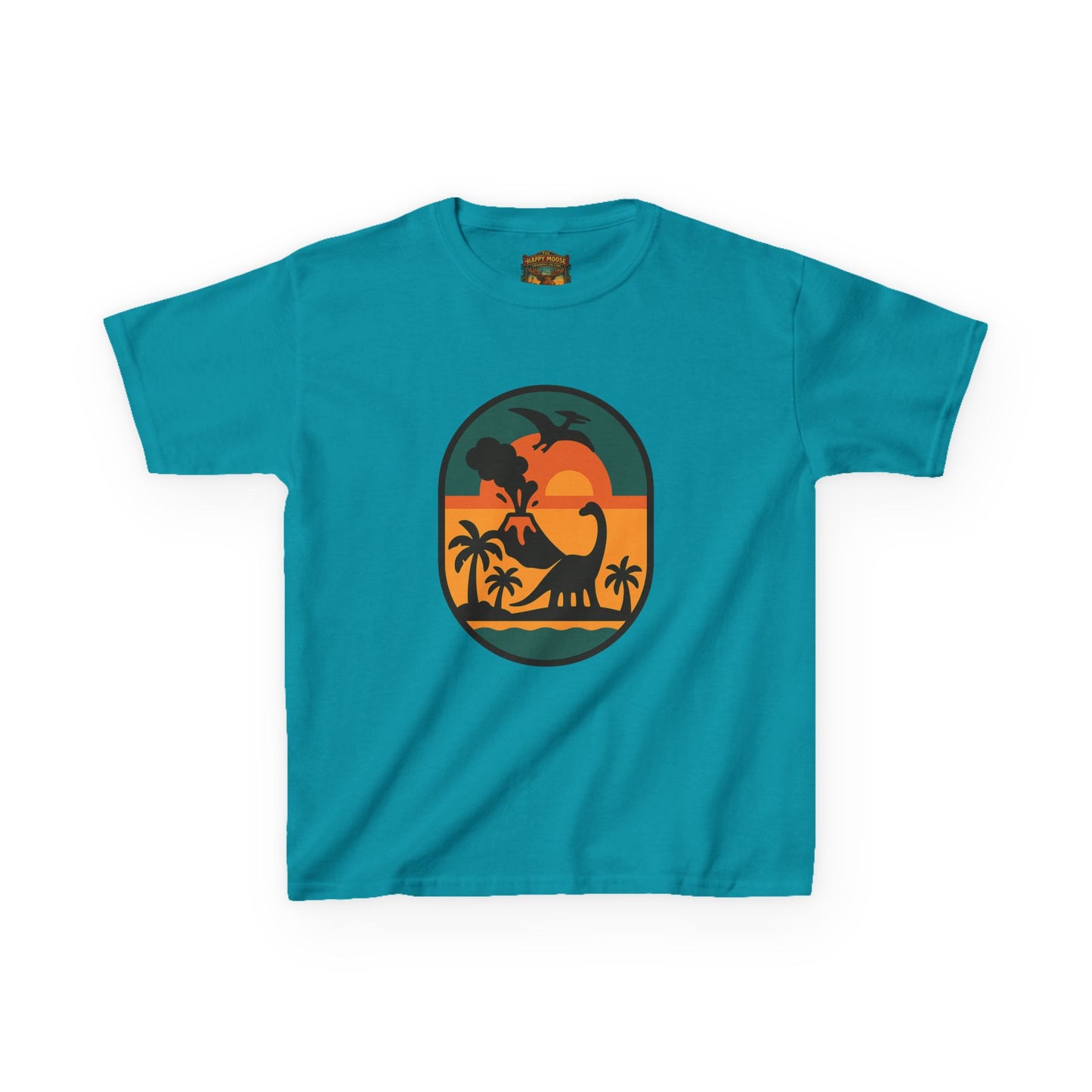 Kids T‑Shirt — Retro Tropical Dinosaur Sunset