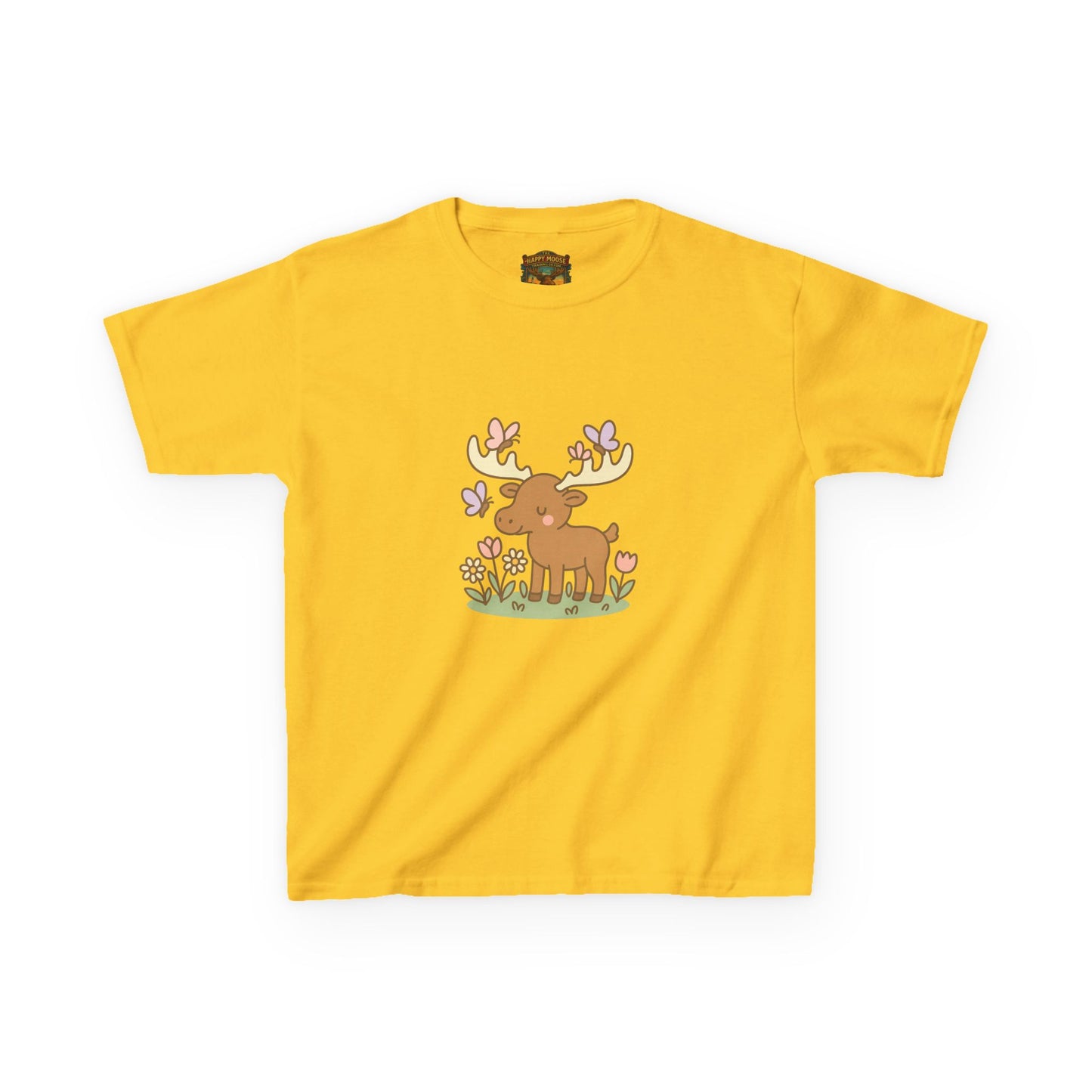 Kids T-Shirt — Cute Woodland Moose with Butterflies Kids Tee