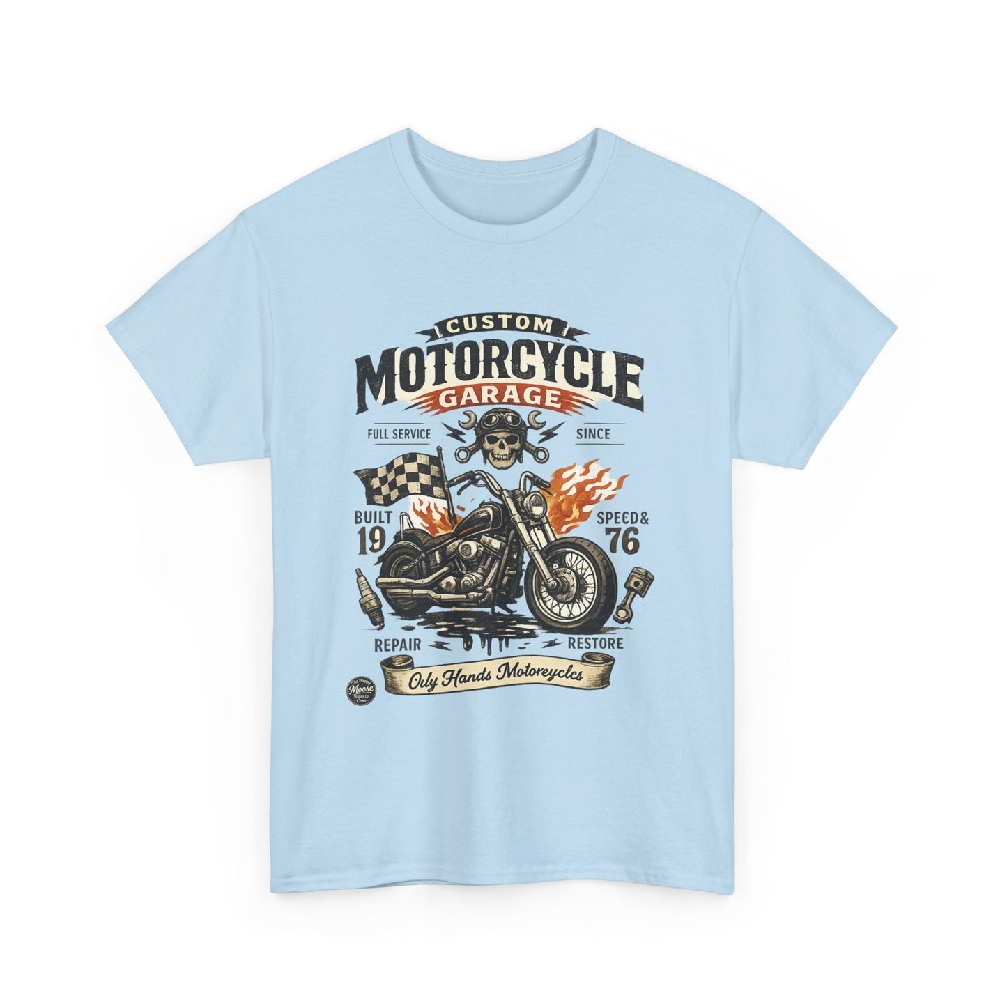 Oily Hands Motorcycle Garage Tee — Vintage Biker Skull & Chopper T-Shirt #021 E