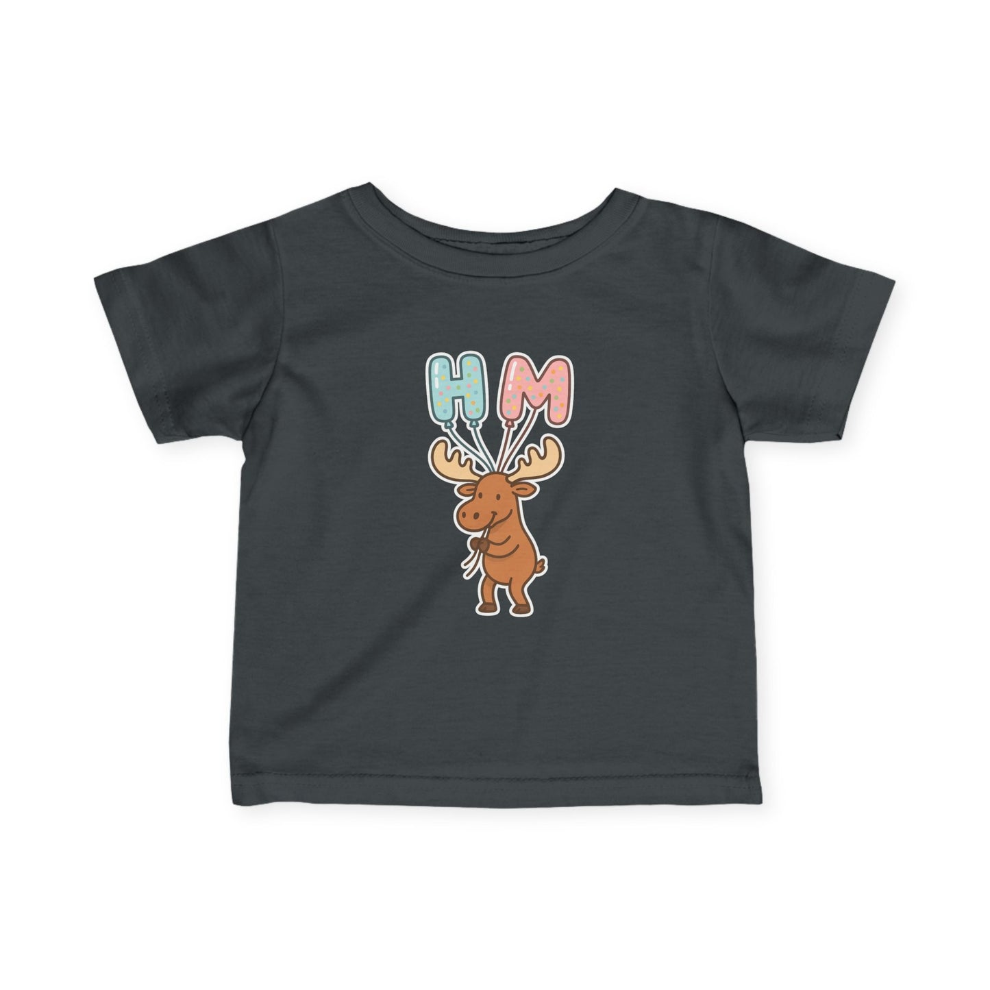 Baby Tee — Cute Moose Holding 'HM' Heart Balloons | Infant Graphic Shirt