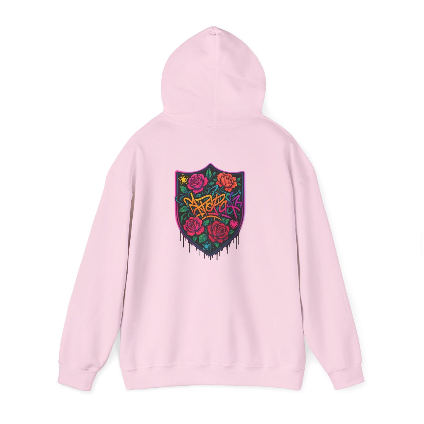 Graffiti Rose Shield Hoodie – Urban Floral Streetwear Sweatshirt