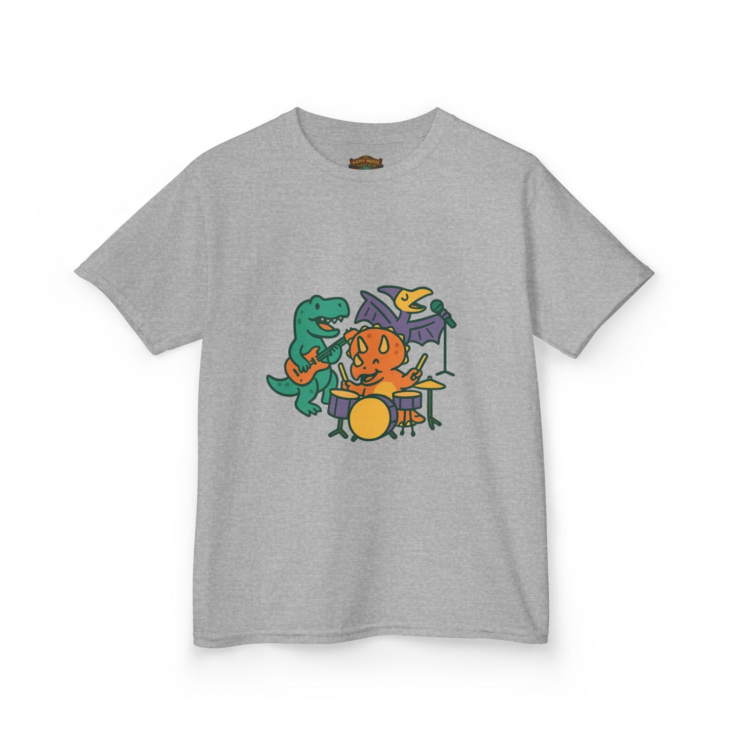 Kids Dino Band T‑Shirt — Cute Cartoon Dinosaur Drummer Tee for Boys & Girls