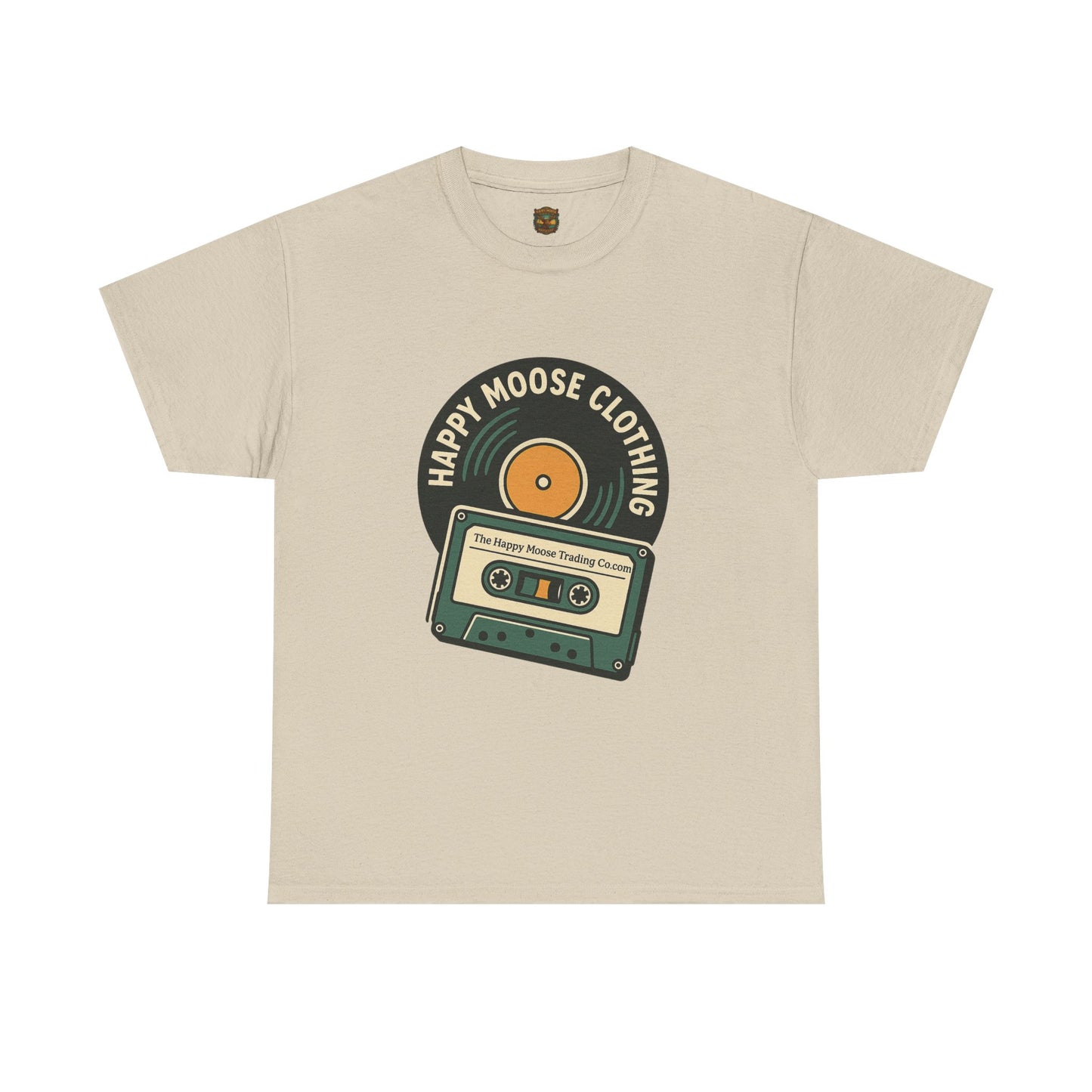 Cassette & Vinyl Retro Tee — “Happy Moose Clothing” Vintage Music Graphic T-Shirt