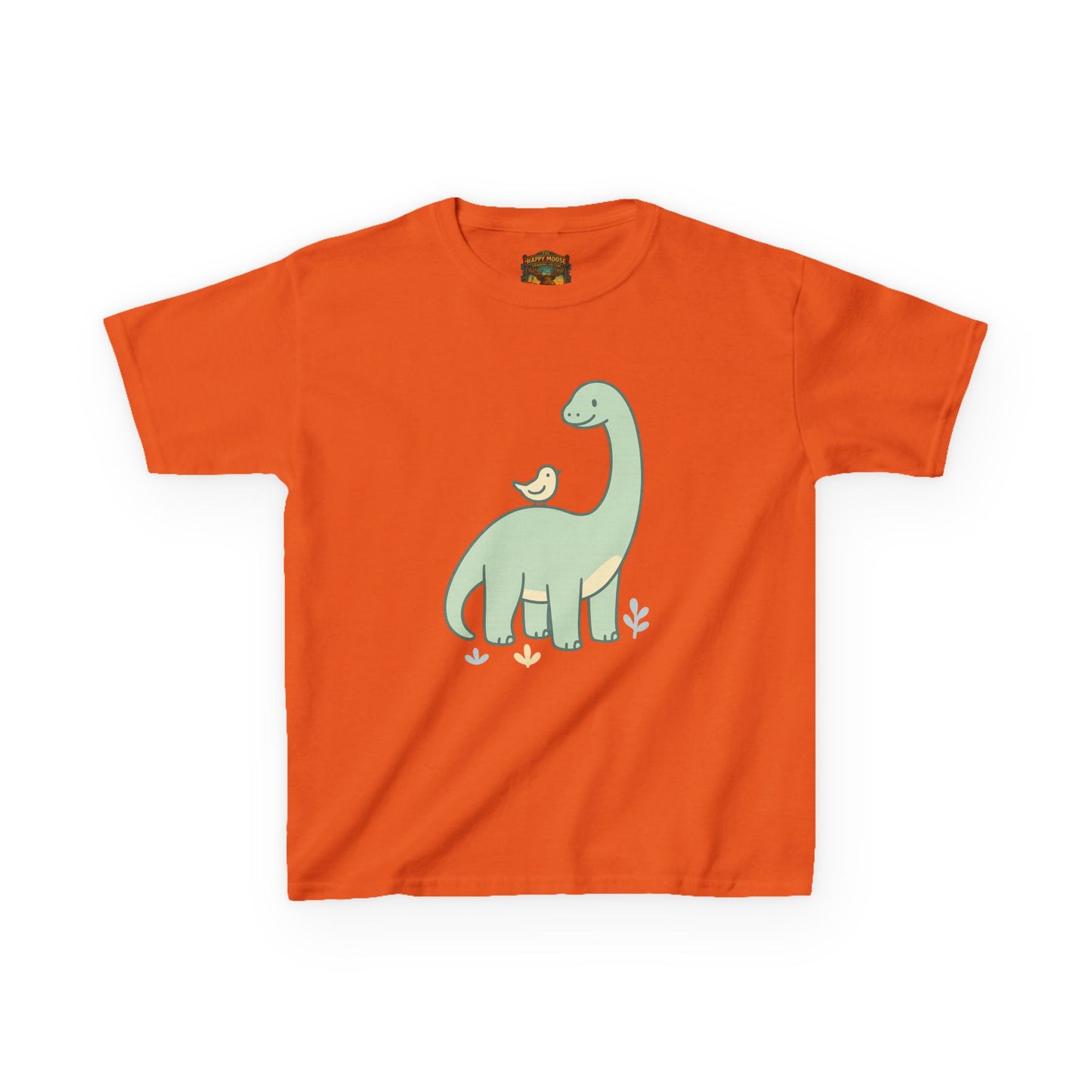 Kids Dino & Bird Tee — Cute Green Brontosaurus Graphic T‑Shirt