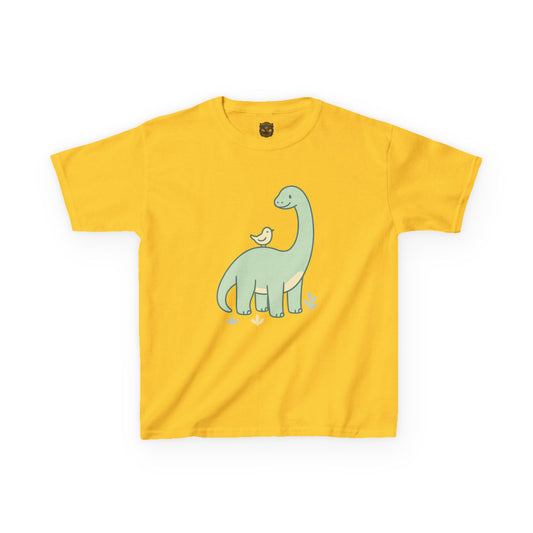Kids Dino & Bird Tee — Cute Green Brontosaurus Graphic T‑Shirt