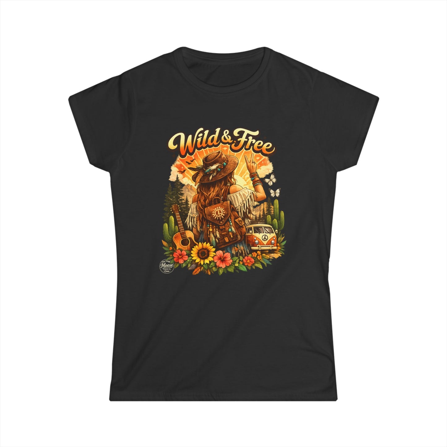 Wild & Free Women's Tee — Boho Vintage Camper T-Shirt with Sunflower & Fox Design