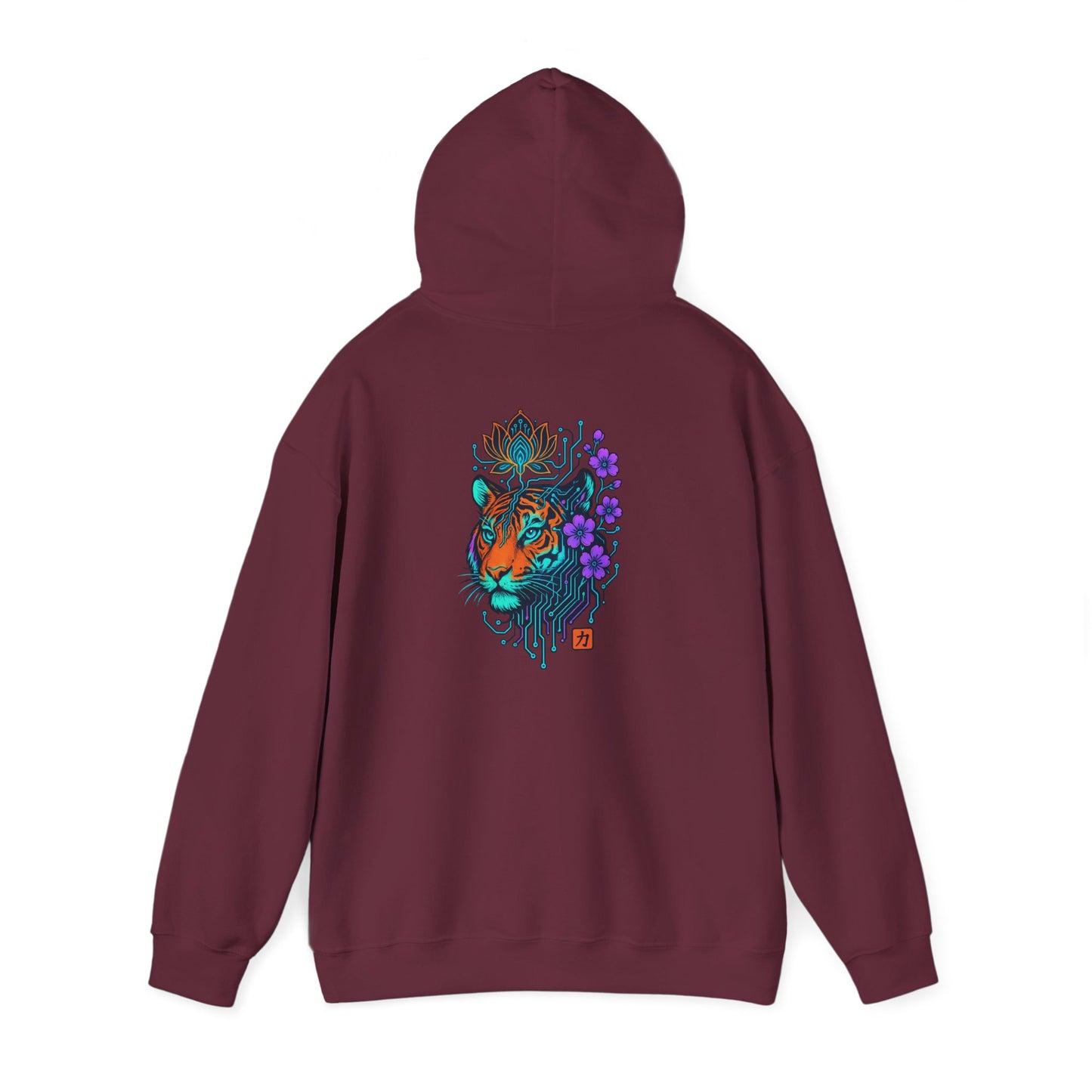 Tiger Floral Hoodie — Vibrant Tiger Head with Purple Blooms Graphic