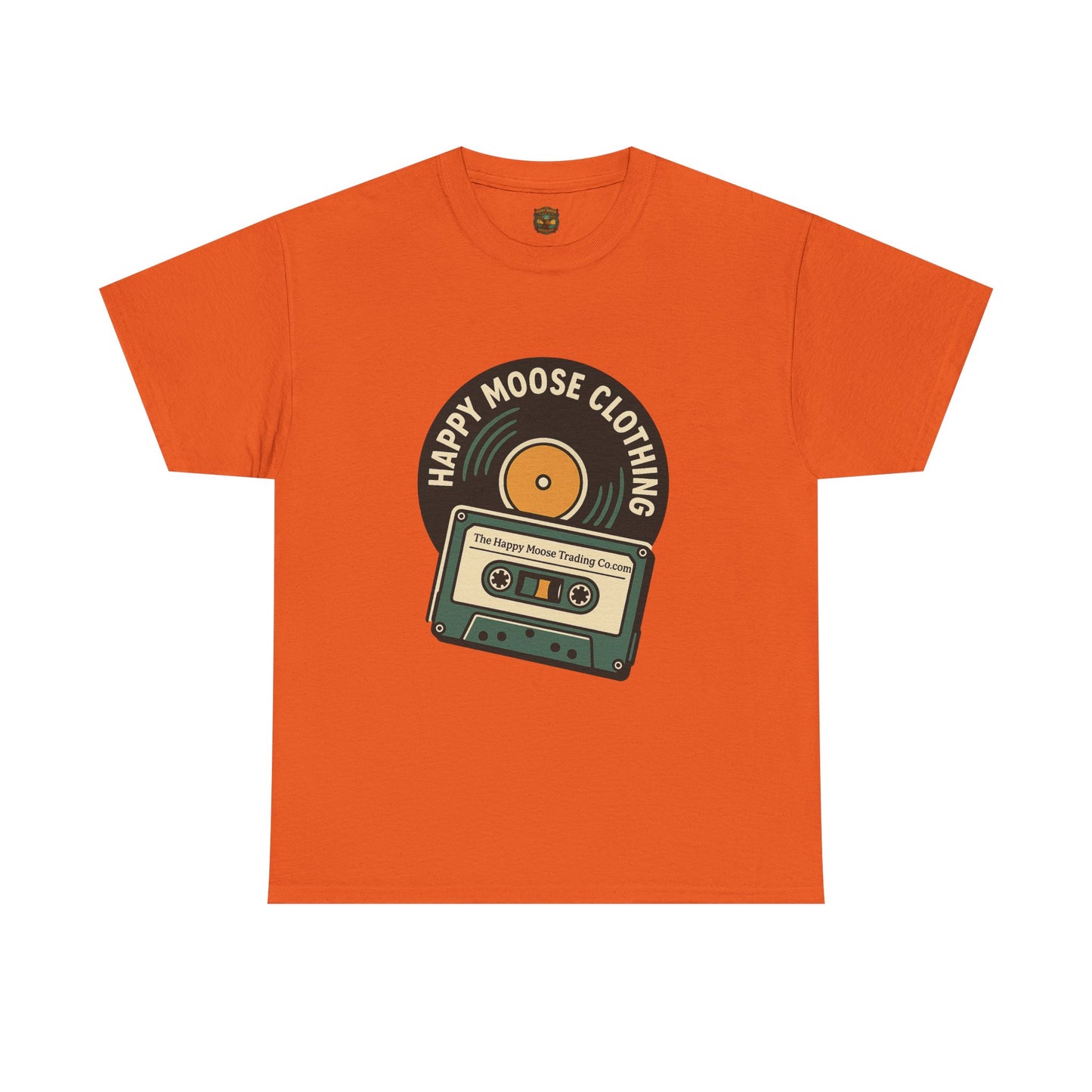 Cassette & Vinyl Retro Tee — “Happy Moose Clothing” Vintage Music Graphic T-Shirt