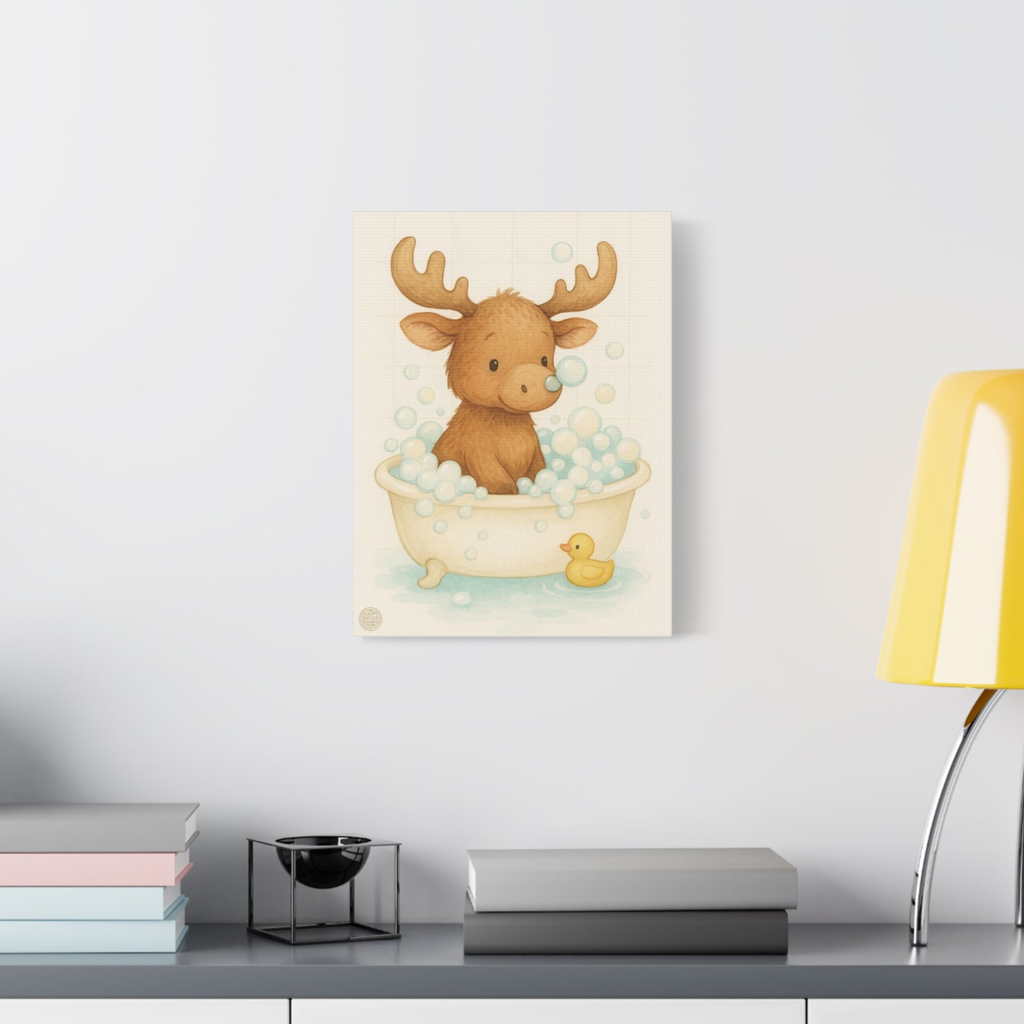 Cute Moose in Bathtub Canvas Wall Art — Baby Nursery Animal Print
