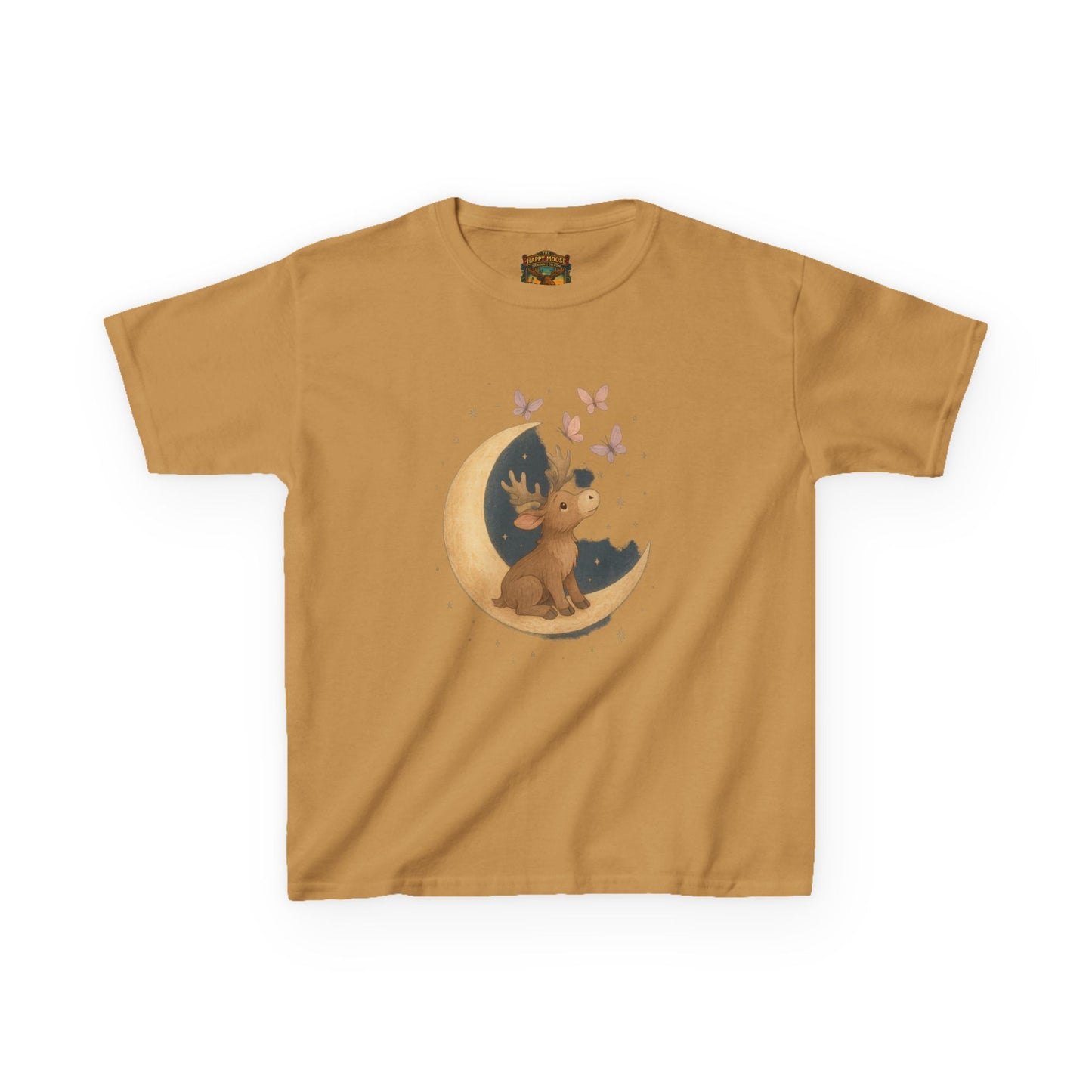 Kids Tee — Cute Puppy on Moon with Butterflies Graphic