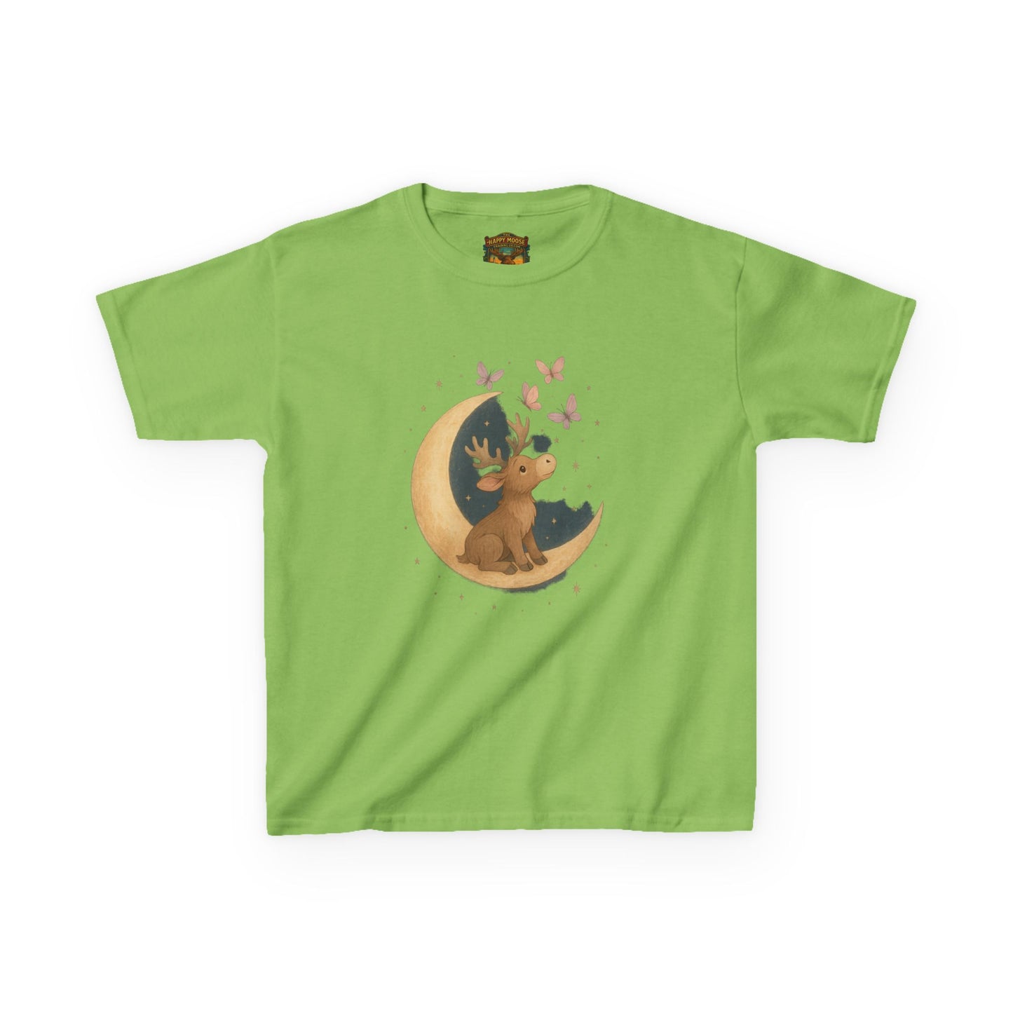 Kids Tee — Cute Puppy on Moon with Butterflies Graphic
