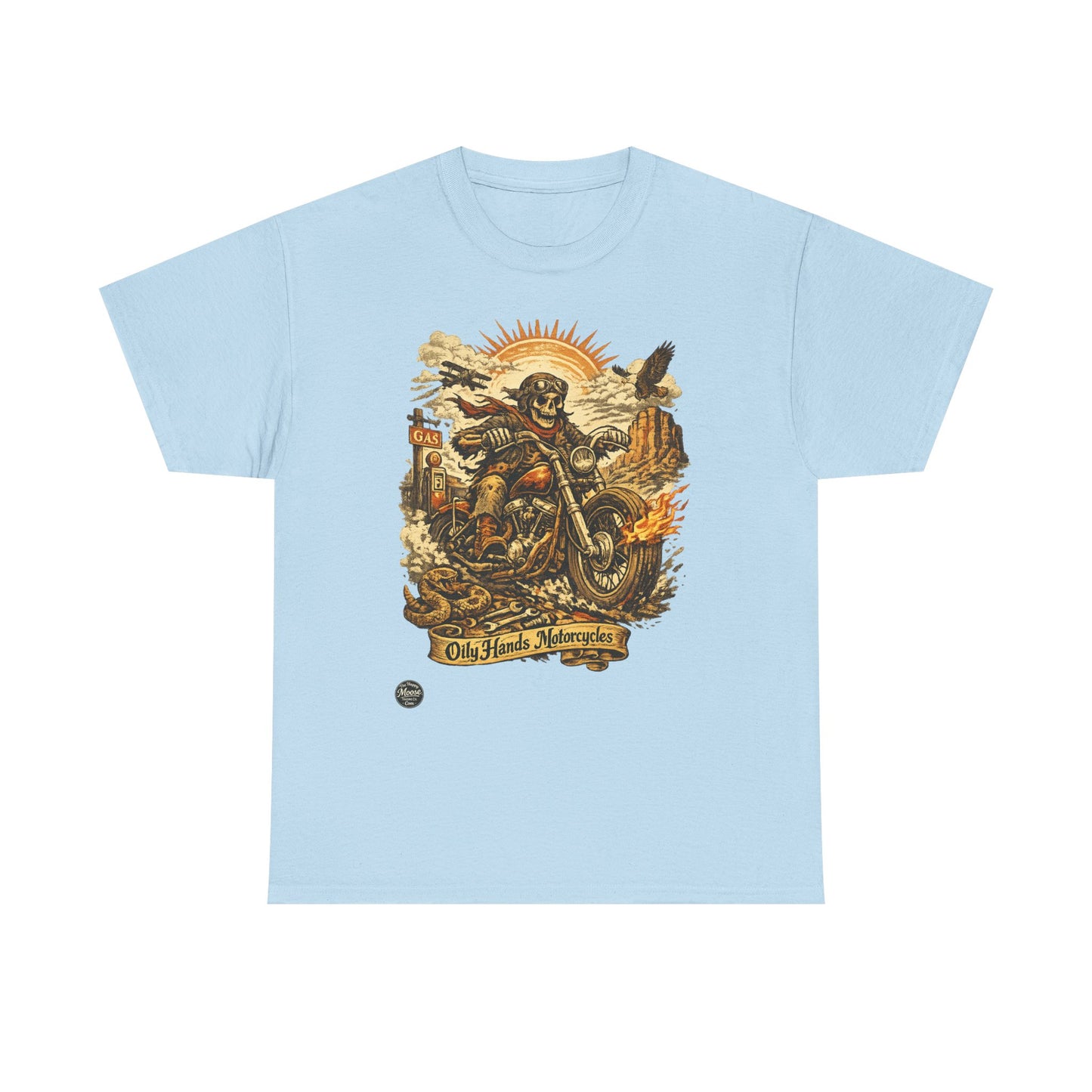 Oily Hands Motorcycle Skull Tee — Old Friends Vintage Biker T-Shirt #015 E