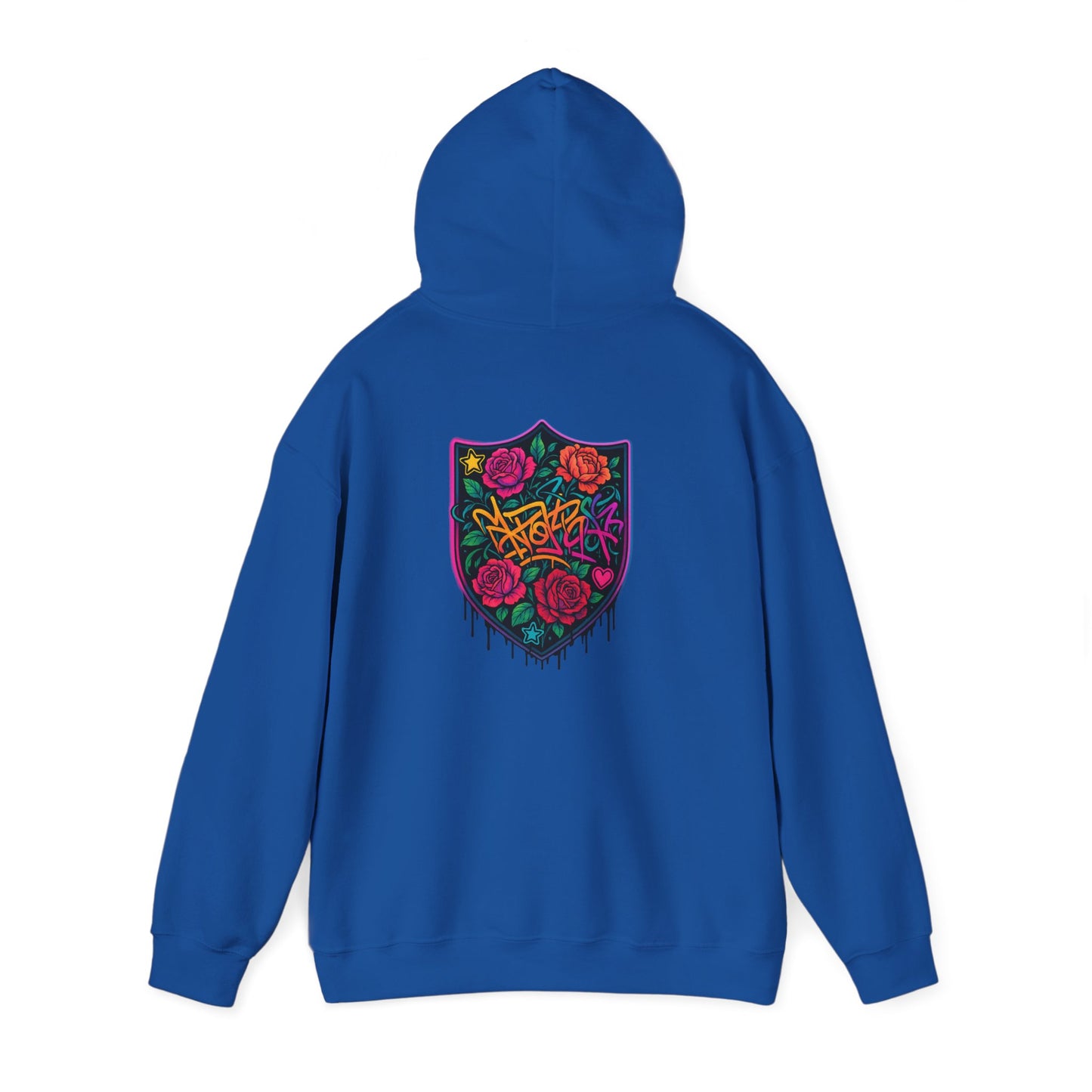 Graffiti Rose Shield Hoodie – Urban Floral Streetwear Sweatshirt
