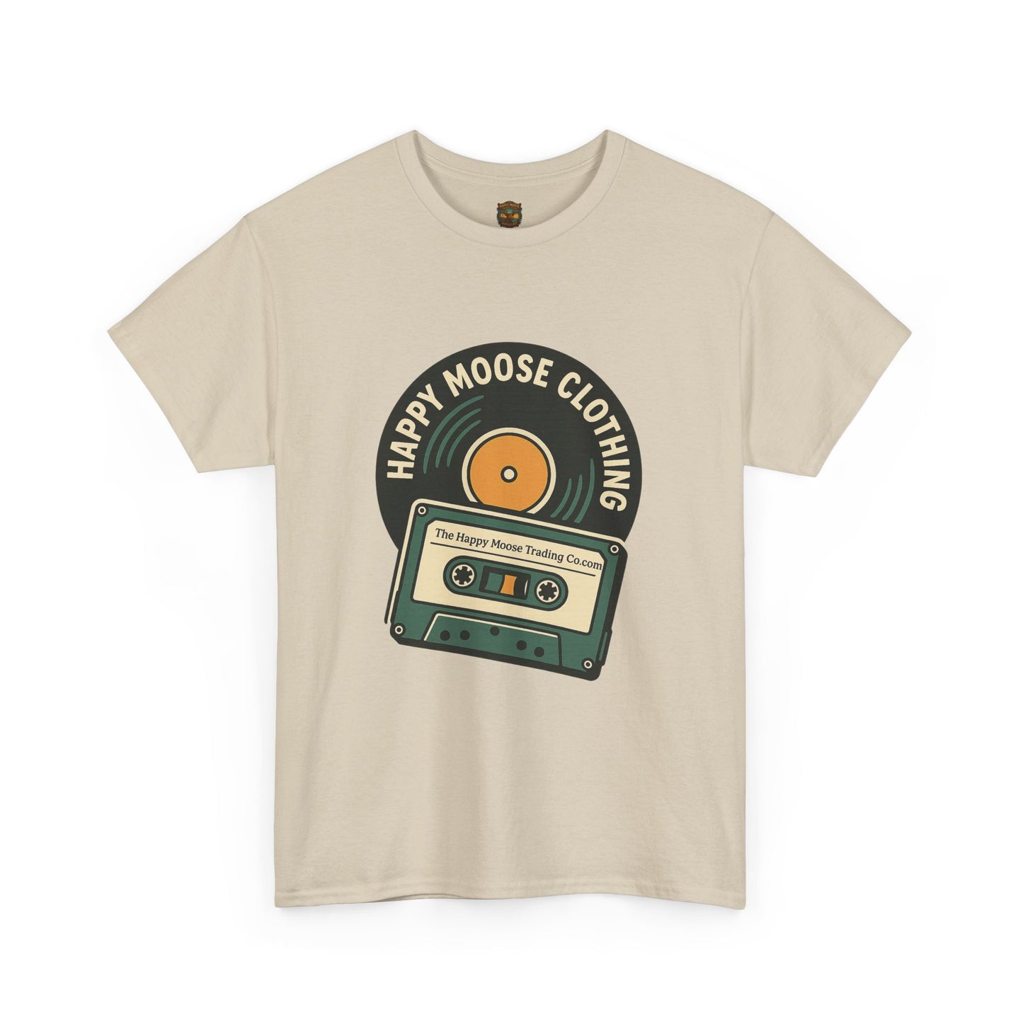 Cassette & Vinyl Retro Tee — “Happy Moose Clothing” Vintage Music Graphic T-Shirt