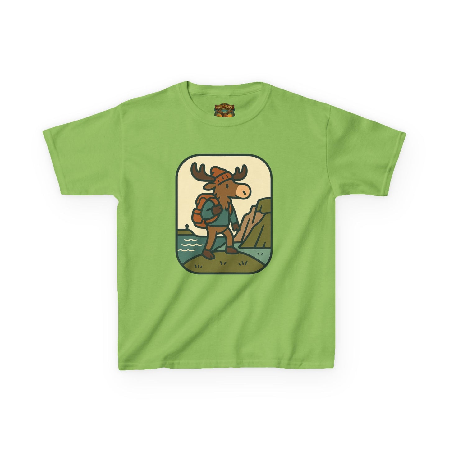 Kids Hiking Moose T‑Shirt — Cute Adventure Backpacker Tee for Boys & Girls