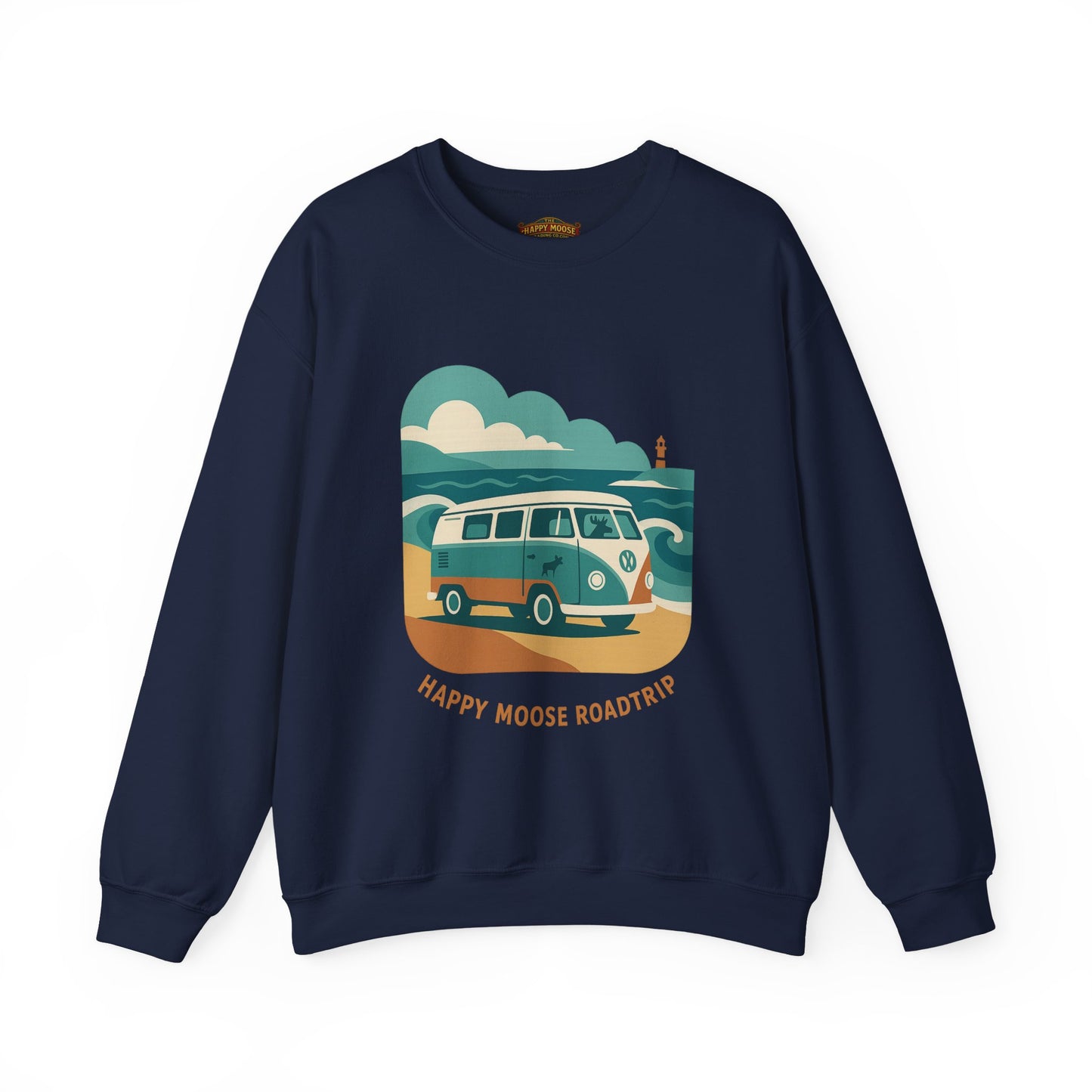 Road Trip Crewneck Sweatshirt — "Happy Moose Roadtrip" Vintage Van Graphic