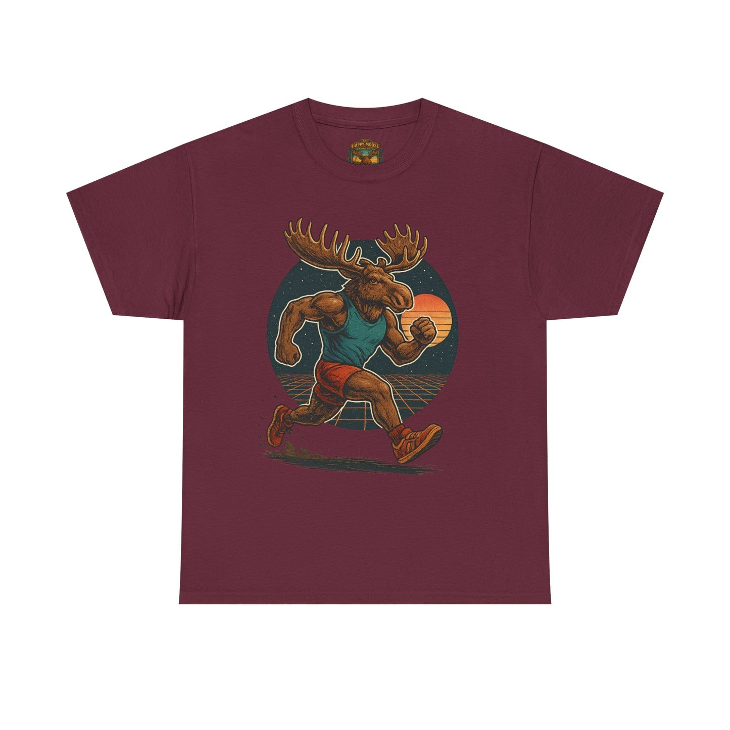 Running Moose Graphic Tee - Retro Sunset Jogging Animal Fitness Shirt