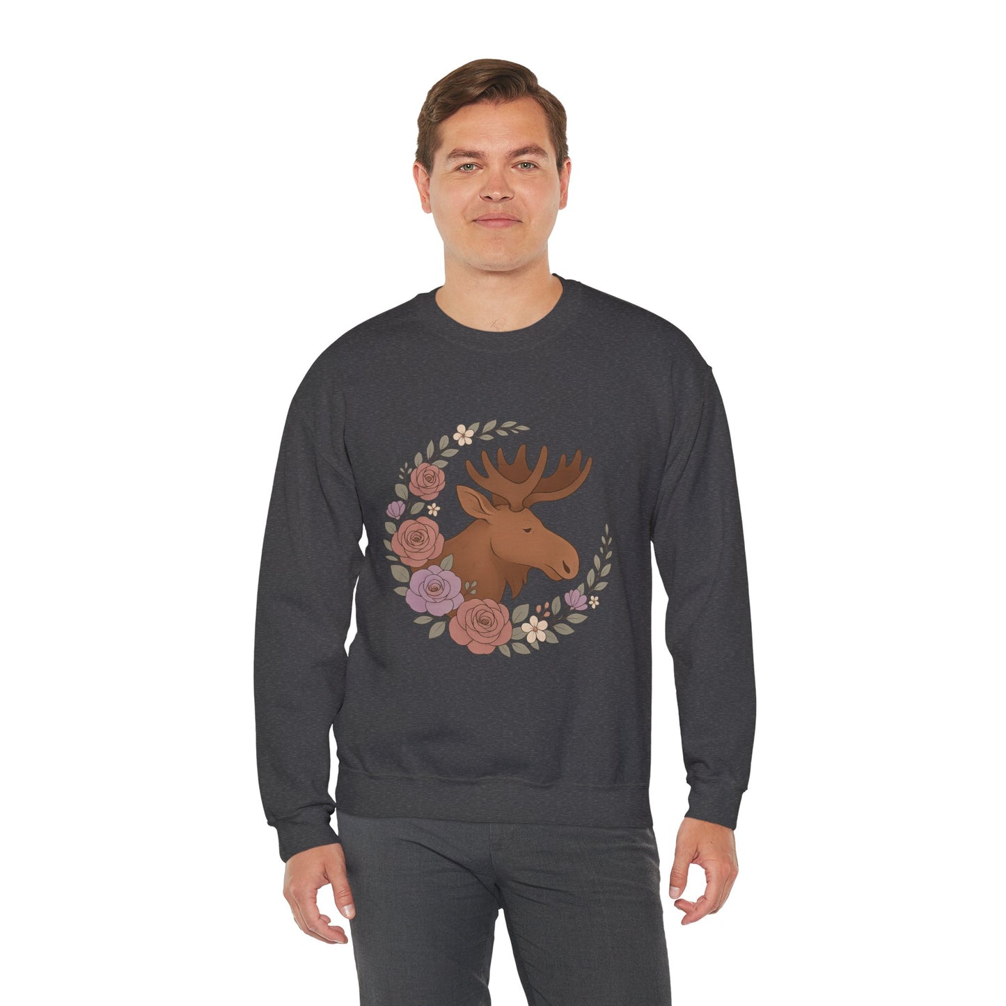 Moose Floral Crewneck Sweatshirt — Rustic Woodland Animal Sweatshirt